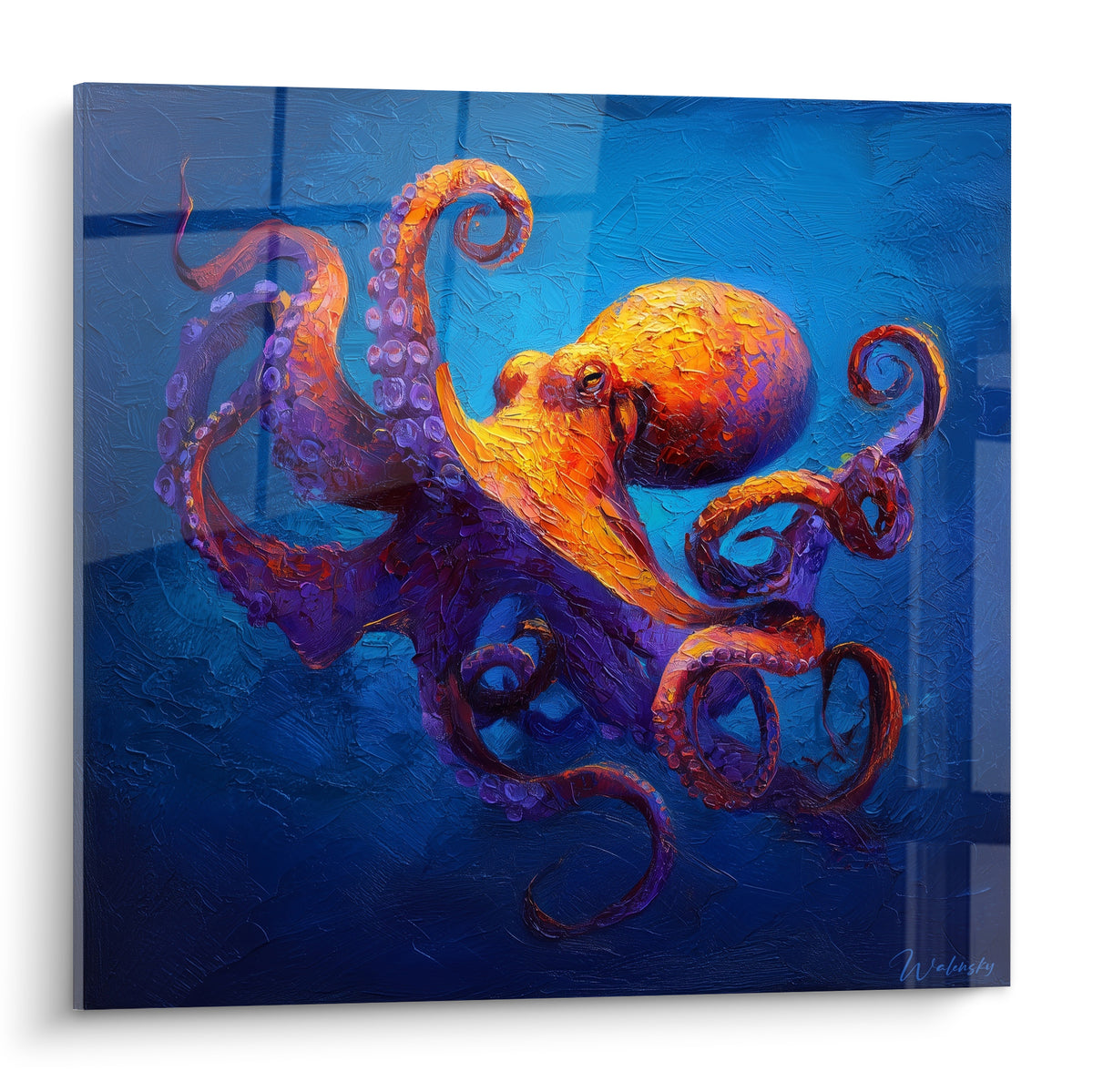 Poulpe orange et doré aux tentacules violets enroulés sur fond bleu marine texturé