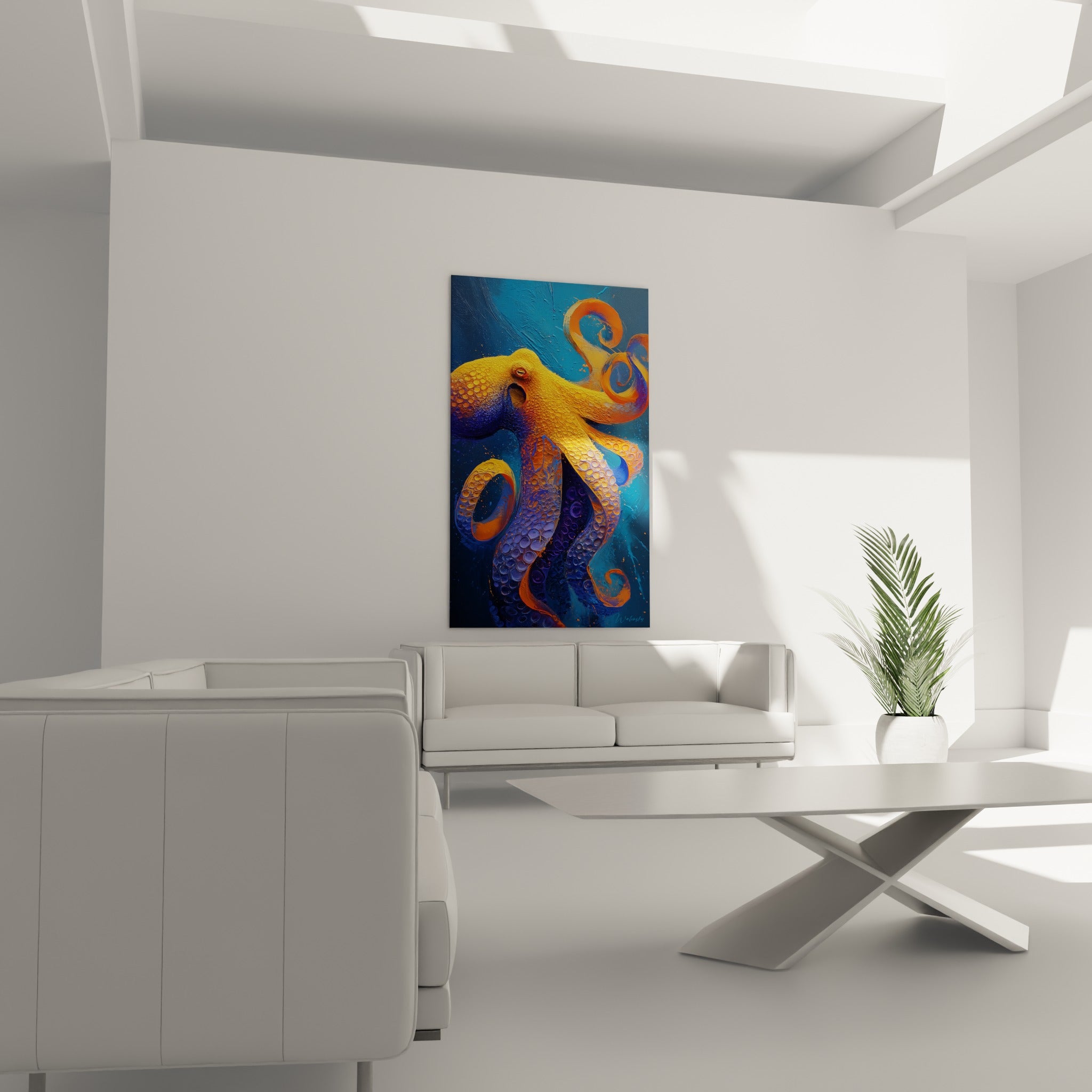 Tentacules orangés et bleu profond du poulpe en volutes, au-dessus d'un canapé dans un salon lumineux