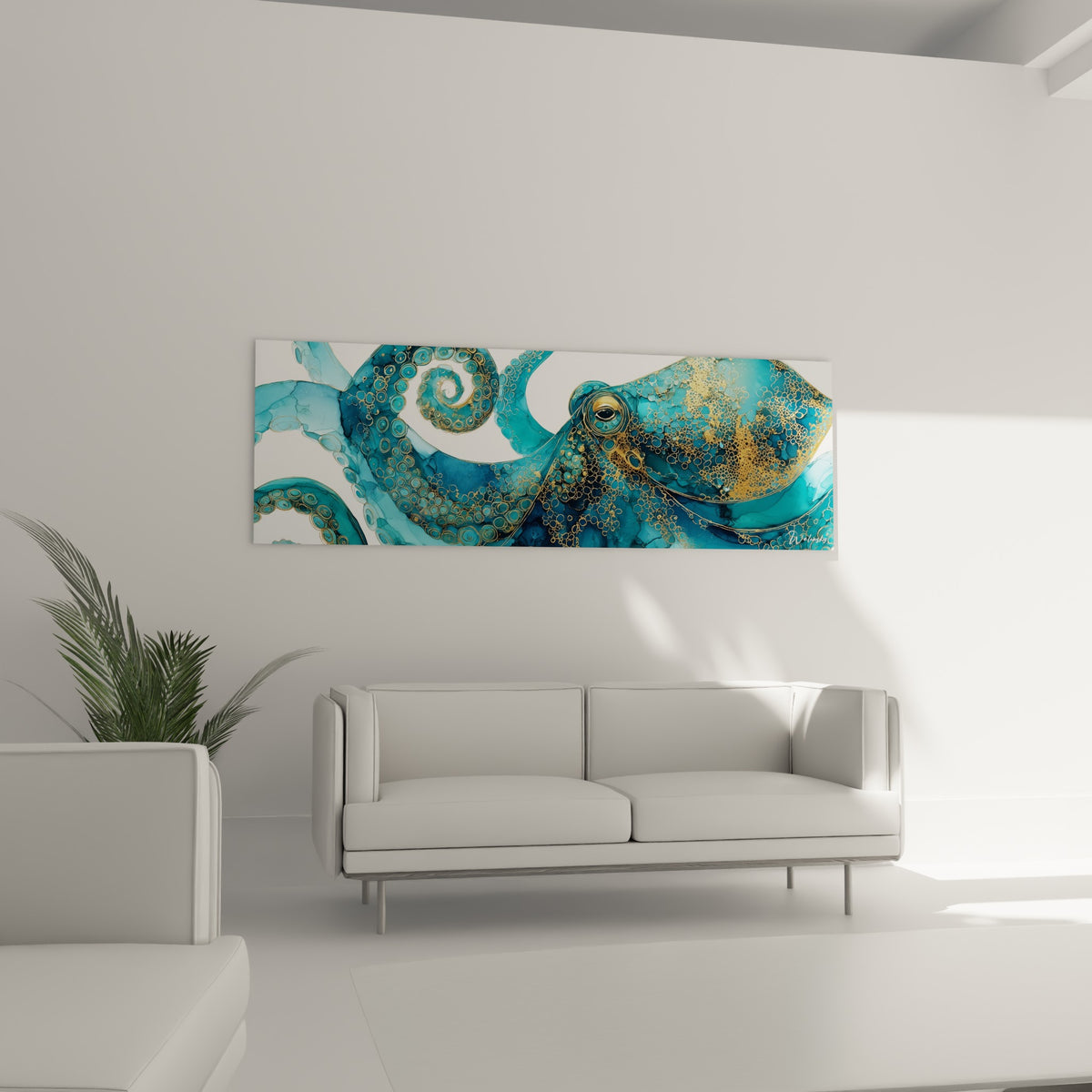 Tentacules bleu marine et dorés d'un poulpe stylisé, disposés au-dessus d'un canapé dans un salon lumineux