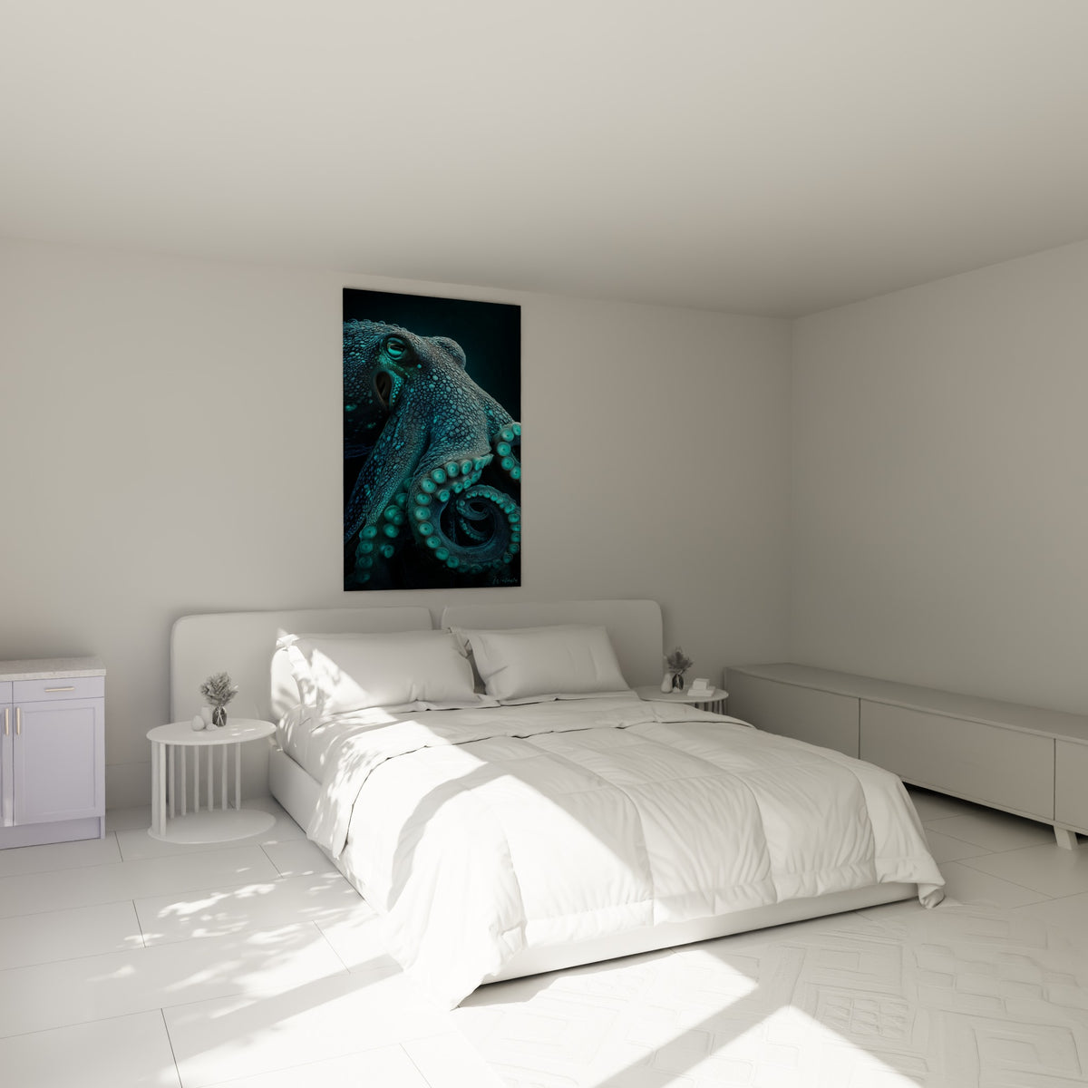 Tentacules turquoise du poulpe enroulés au-dessus d'un lit dans une chambre claire