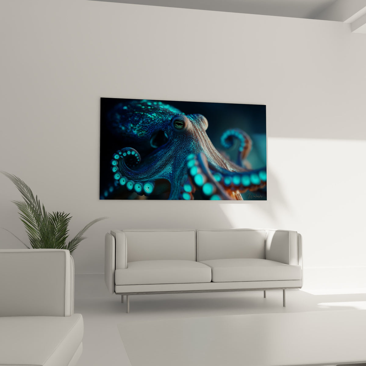 Tentacules enroulées aux ventouses lumineuses turquoise et peau cuivrée au-dessus d'un canapé dans un salon lumineux