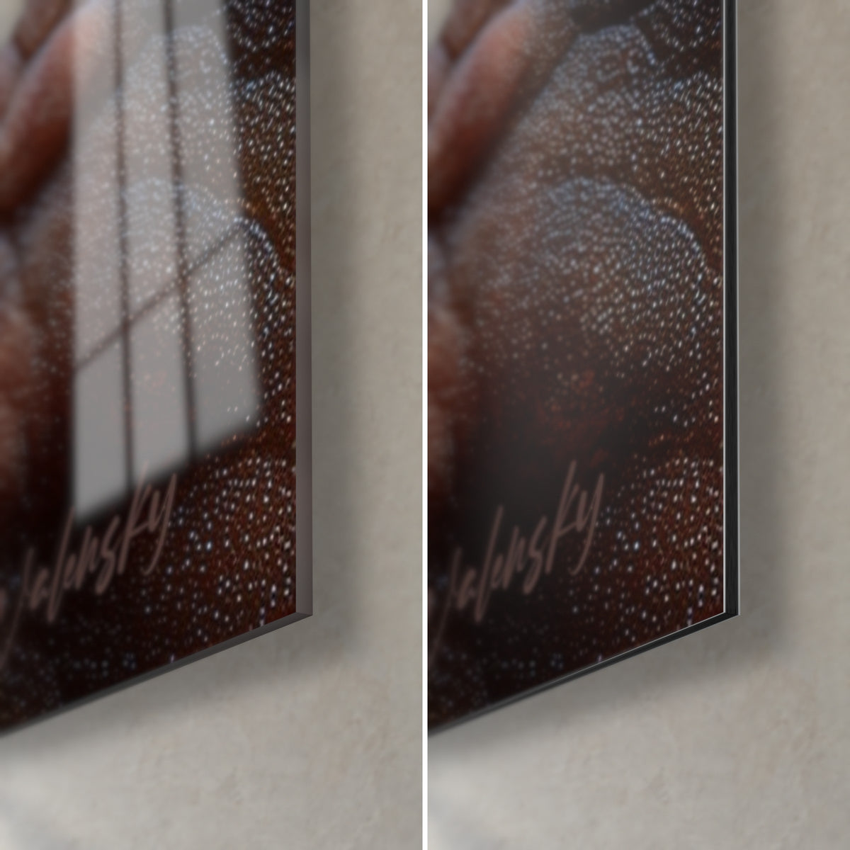 Tableau regard de poulpe brun et bleu, coin bas droit : verre brillant à reflets, alu Dibond mat, tranche noire de 3 mm