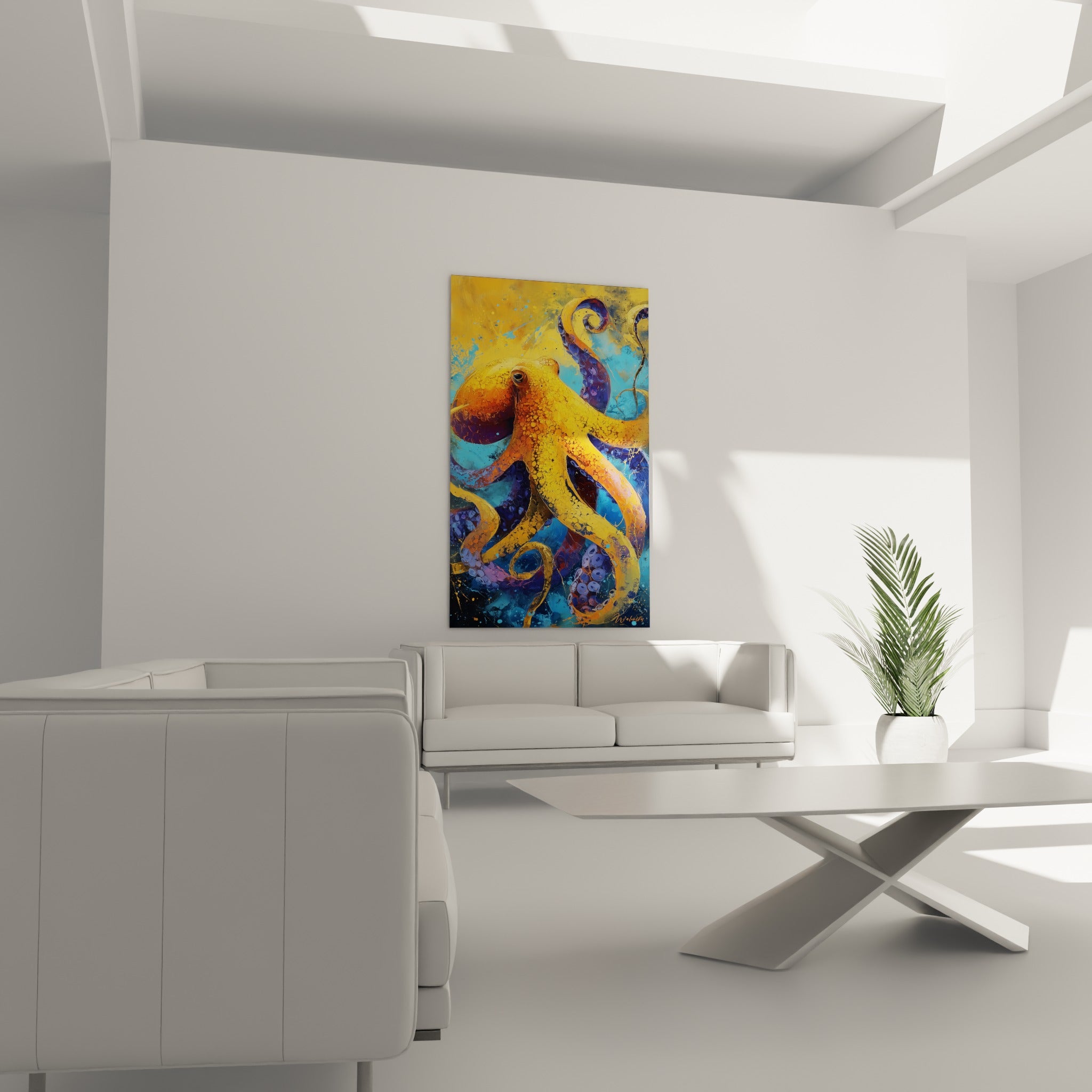 Créature marine dorée aux volutes bleu marine et turquoise, suspendue au-dessus d'un canapé dans un salon lumineux