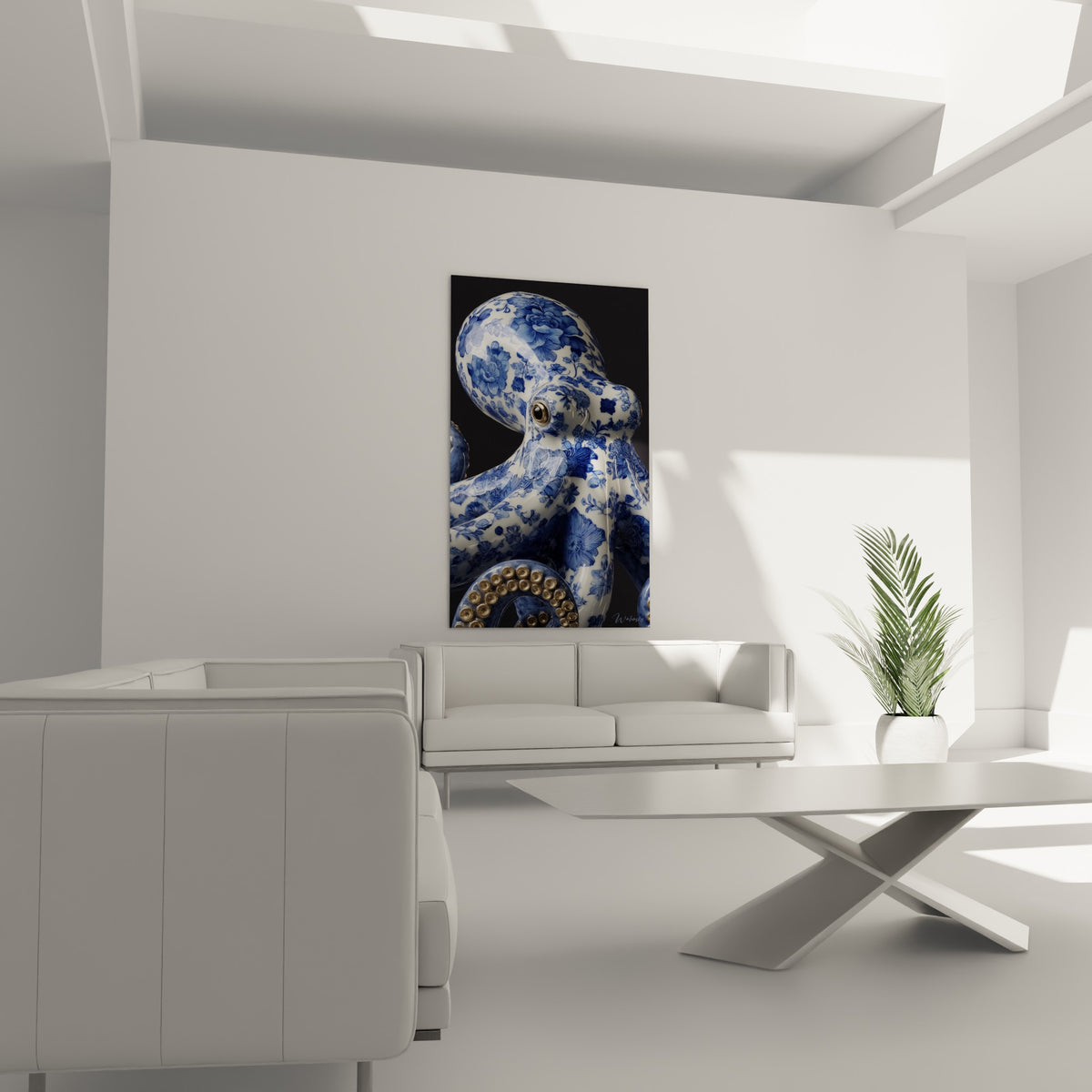 Tête de poulpe blanche et bleu marine ornée de fleurs, suspendue au-dessus d'un canapé dans un salon lumineux