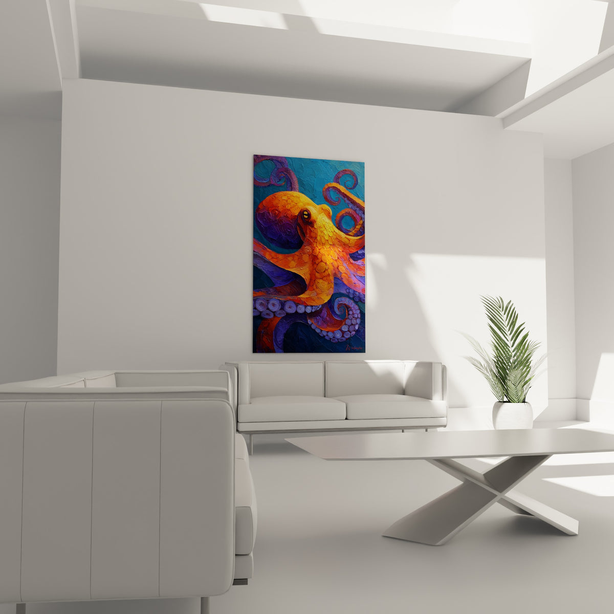 Céphalopode fauve et violet aux ventouses circulaires accroché au-dessus d'un canapé dans un salon lumineux