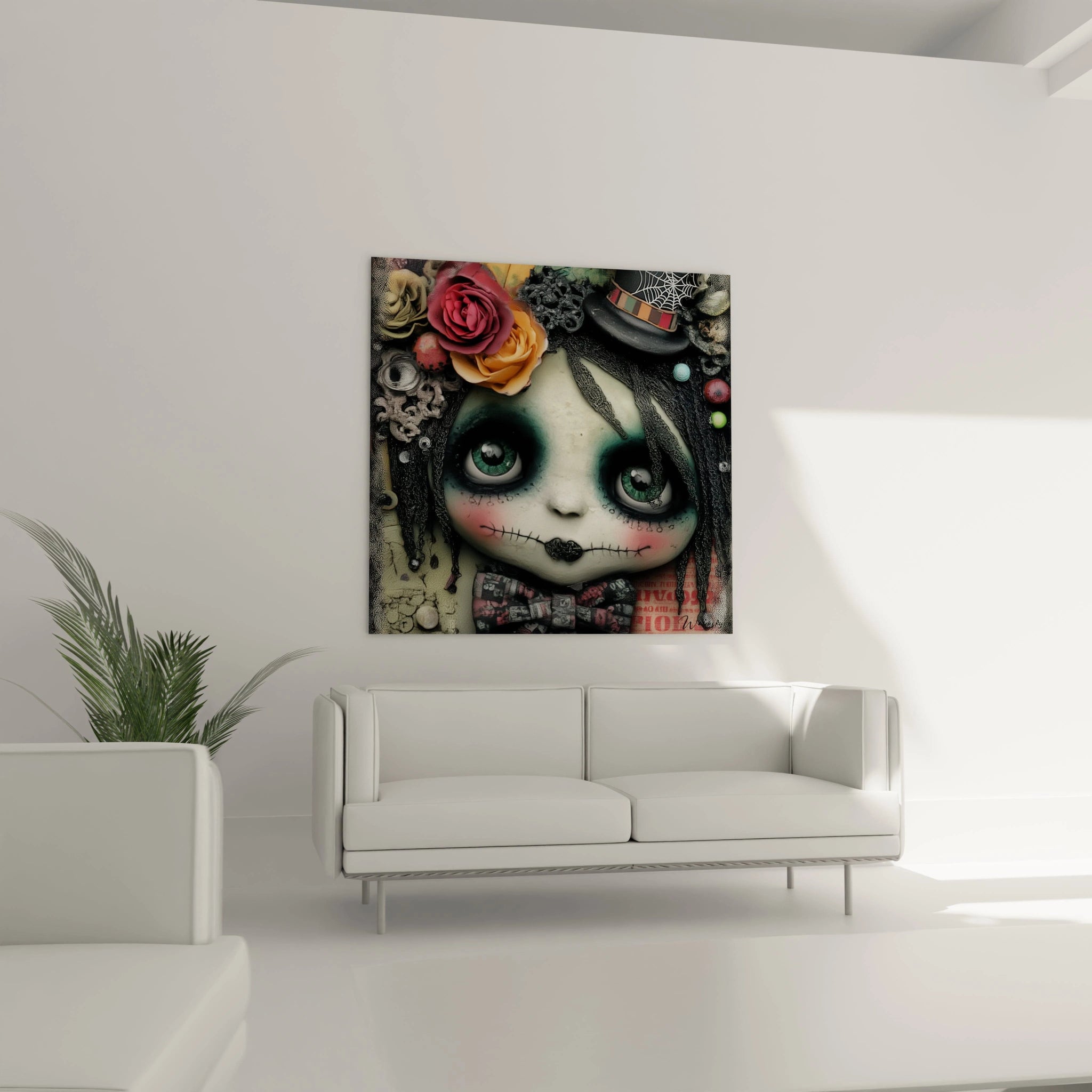 Tableau mural Walensky tableau poupée halloween au visage gothique aux grands yeux noirs, fleurs et chapeau