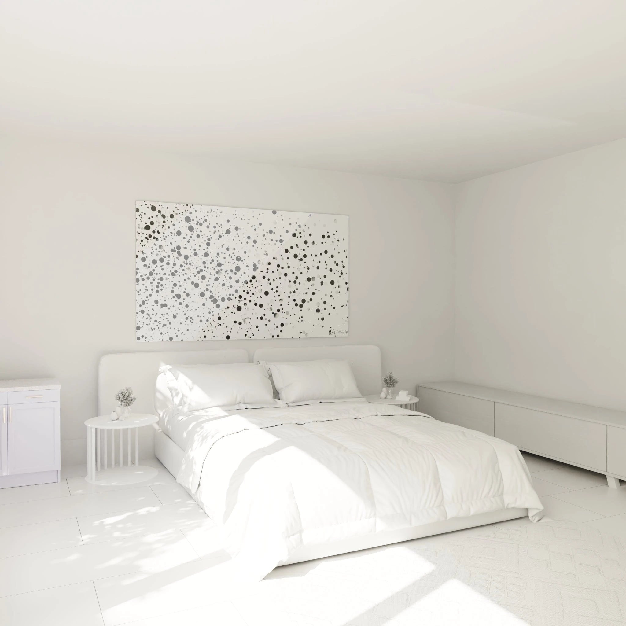 Tableau tacheté noir et blanc de Walensky dans une chambre moderne et lumineuse