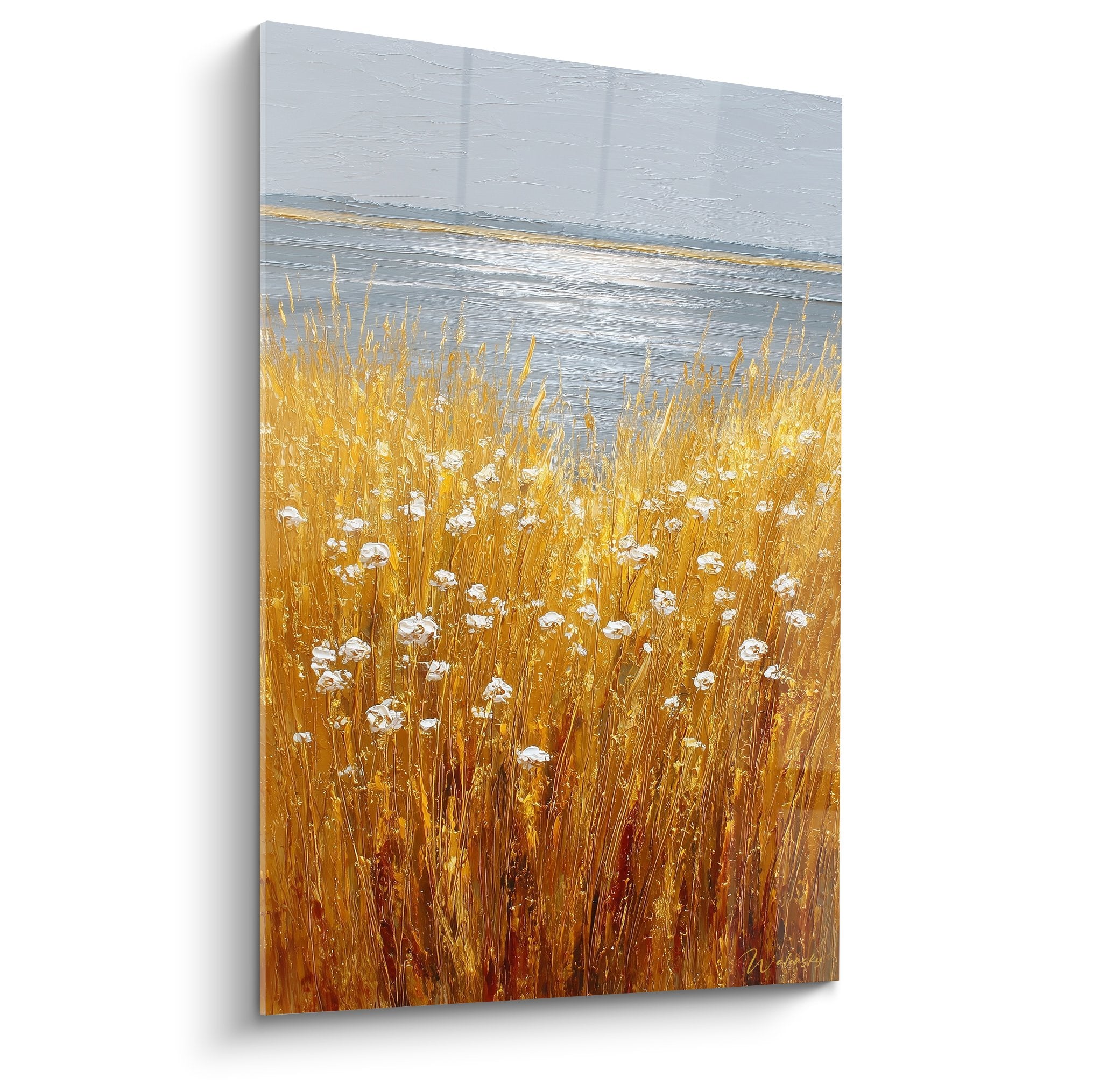 Gemälde goldene Wiese weiße Gänseblümchen Meeresküste hohe Gräser grauer Himmel Natur Küstenmalerei Gräser