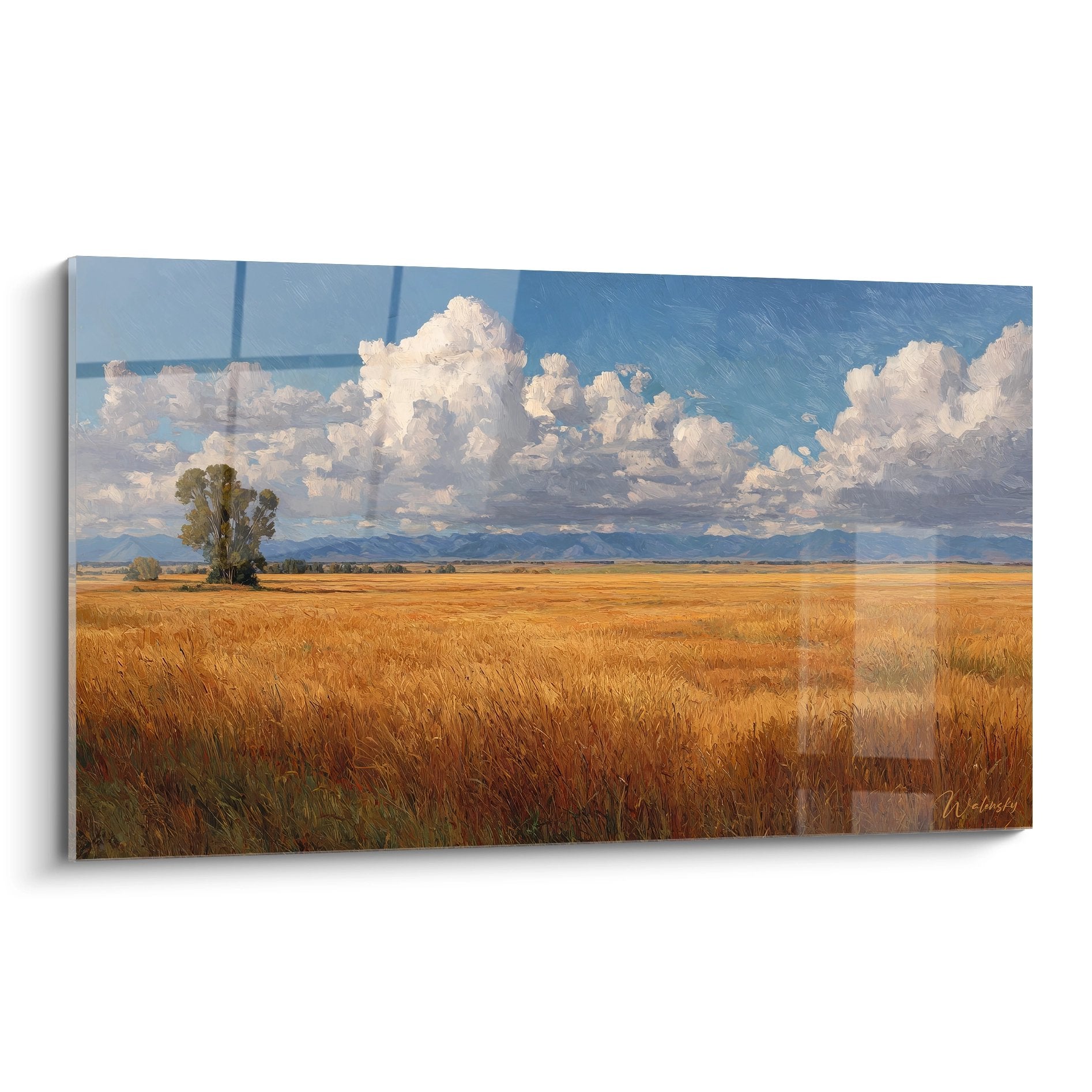 Tableau prairie dorée avec arbre solitaire et ciel nuageux, paysage campagnard authentique