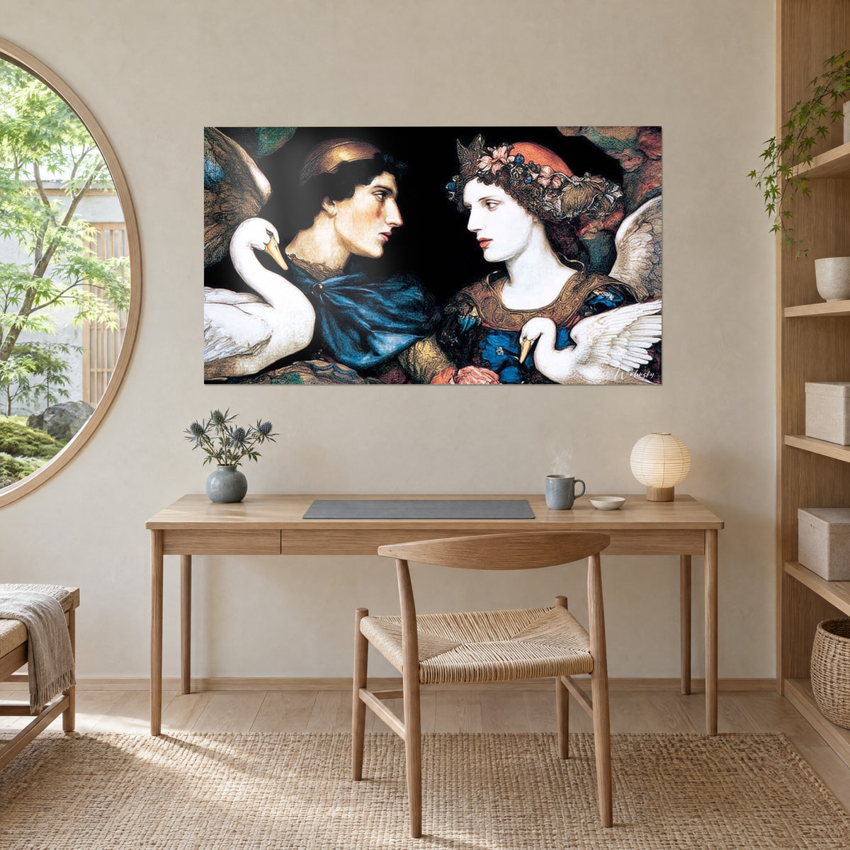 Cuadro escena alegórica, corona floral rosa y azul, cisnes blancos, negro aterciopelado, encima de un escritorio de madera clara