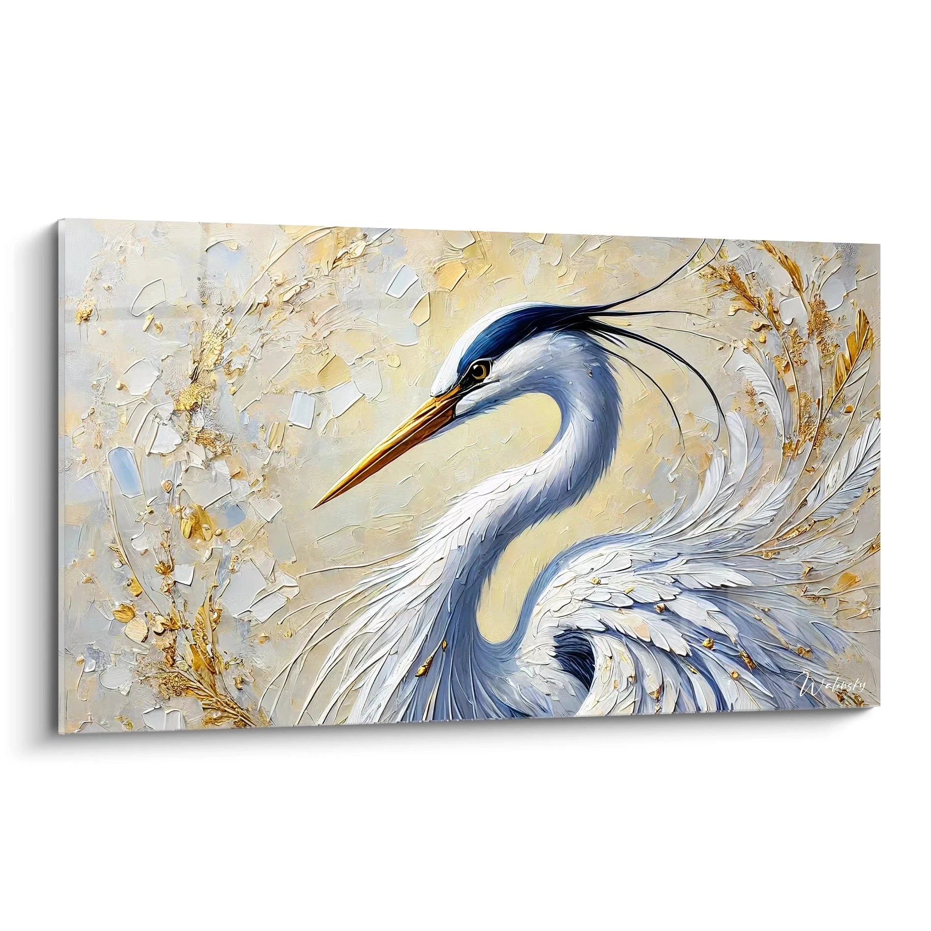 Presentation du tableau heron vue de biais pour admirer les details de ce tableau heron captivant Ses plumes sont rendues avec finesse evoquant grace et serenite dans chaque trait