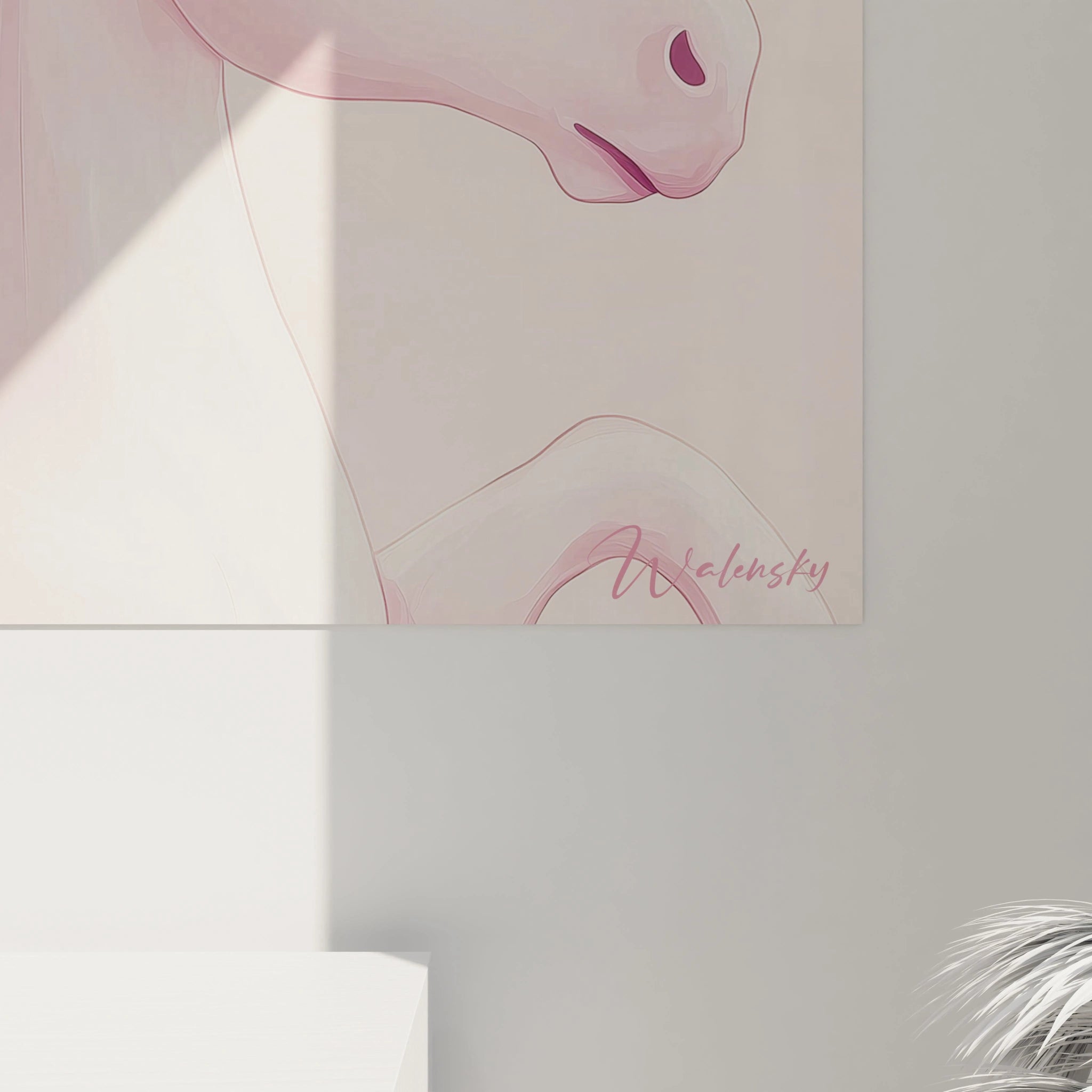 Tableau princesse pour enfant mettant en scÚne une fillette en robe rose et une licorne blanche aux crins roses. Contours fins, nuances pastel et textures douces sur un fond clair et épuré.