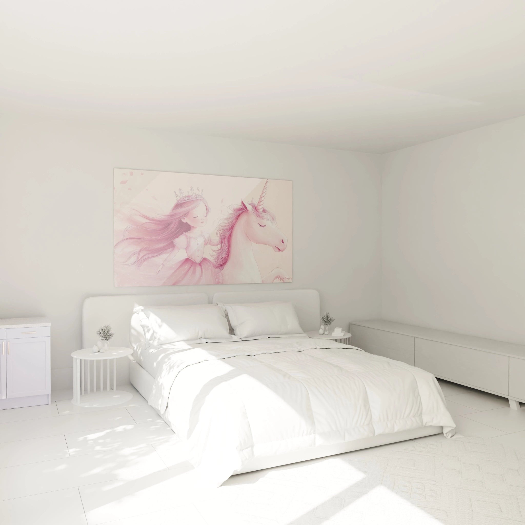 Tableau princesse pour enfant montrant une fillette en robe rose avec une couronne détaillée, tenant une licorne blanche. Effets de fluidité dans les cheveux et textures douces sur le fond clair.