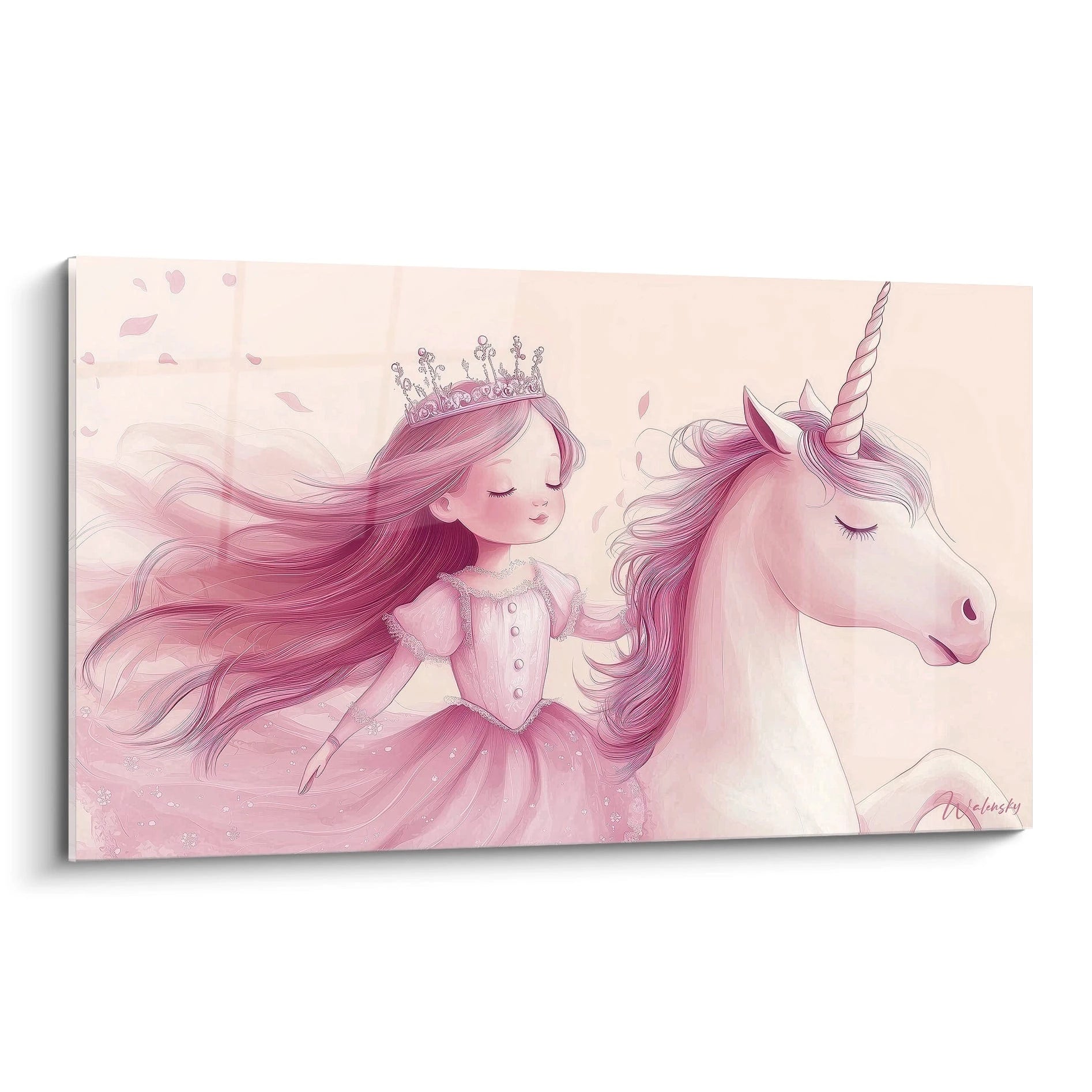 Un tableau princesse pour enfant représentant une jeune fille avec une couronne, une robe rose et des cheveux longs, aux cÎtés d'une licorne blanche. Fond beige avec légers dégradés et textures lisses.