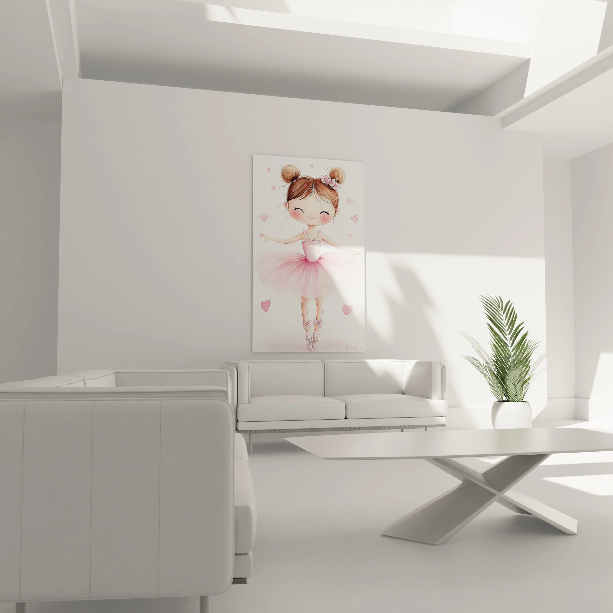 Un tableau princesse pour enfant mettant en scĂšne une jeune danseuse en position gracieuse, vĂȘtue dâun tutu rose poudrĂ©, avec des textures douces et des effets dâombre lĂ©gers sur un fond minimaliste.