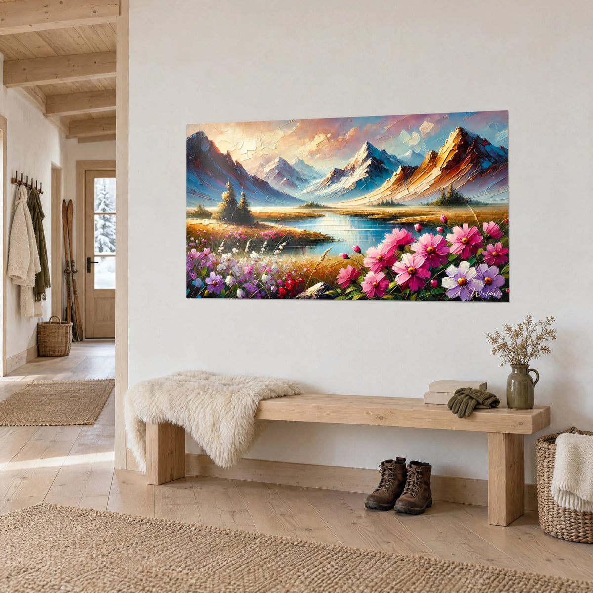 Wall art mountain lake at sunset, vivid pink cosmos in the foreground and a peach sky, on a white wall above a wooden bench