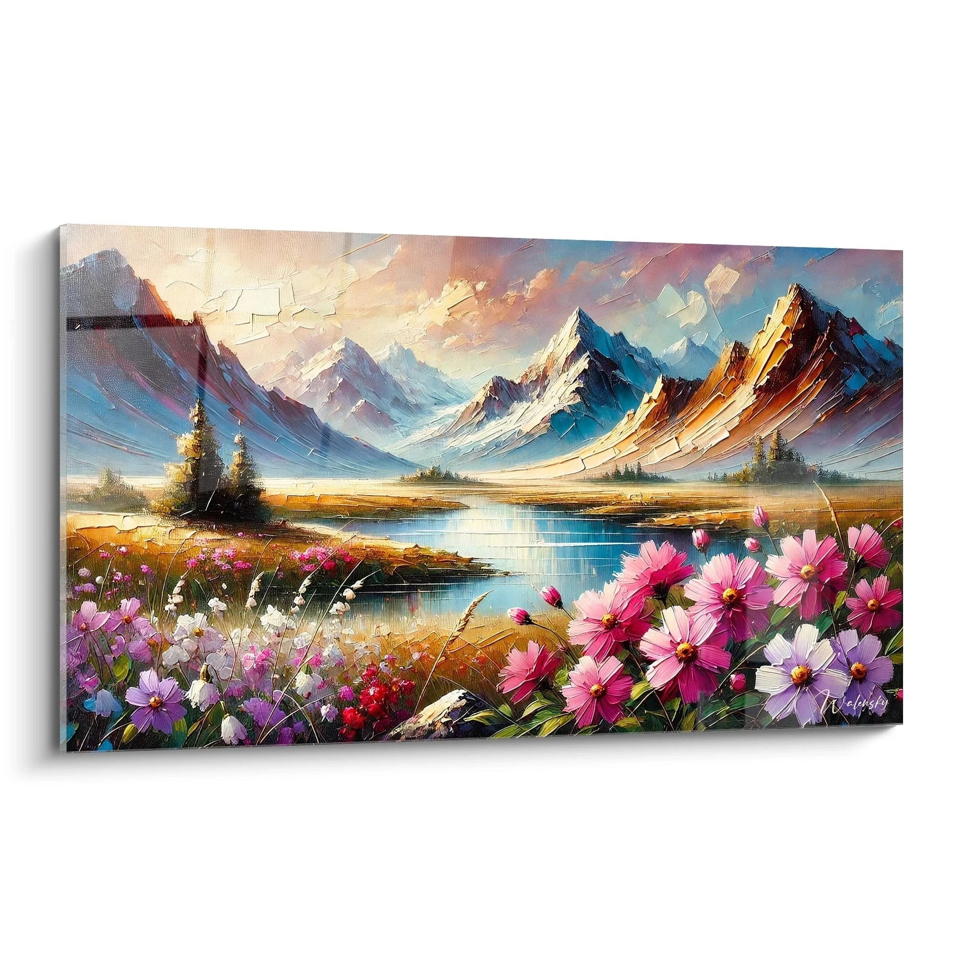 Découvrez le tableau Montagne, une ode à la nature. Admirez les sommets majestueux et les fleurs éclatantes, un mélange parfait de puissance et de douceur.