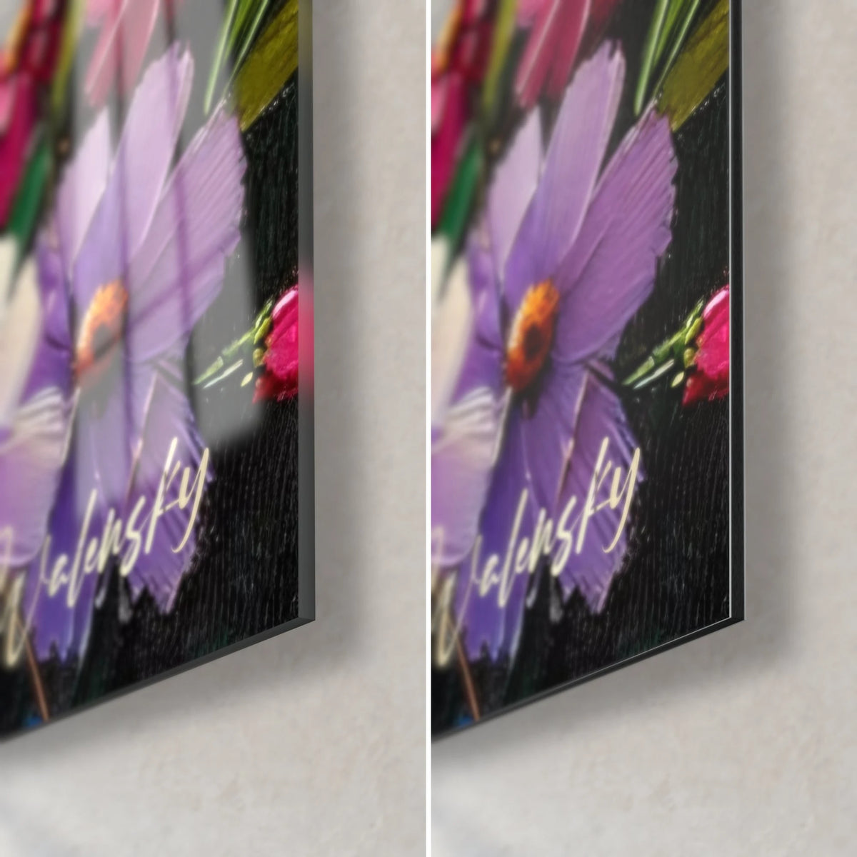 Wall art purple cosmos with an orange center, bottom-right corner in glossy acrylic glass and matte black Dibond aluminum, 3 mm edge