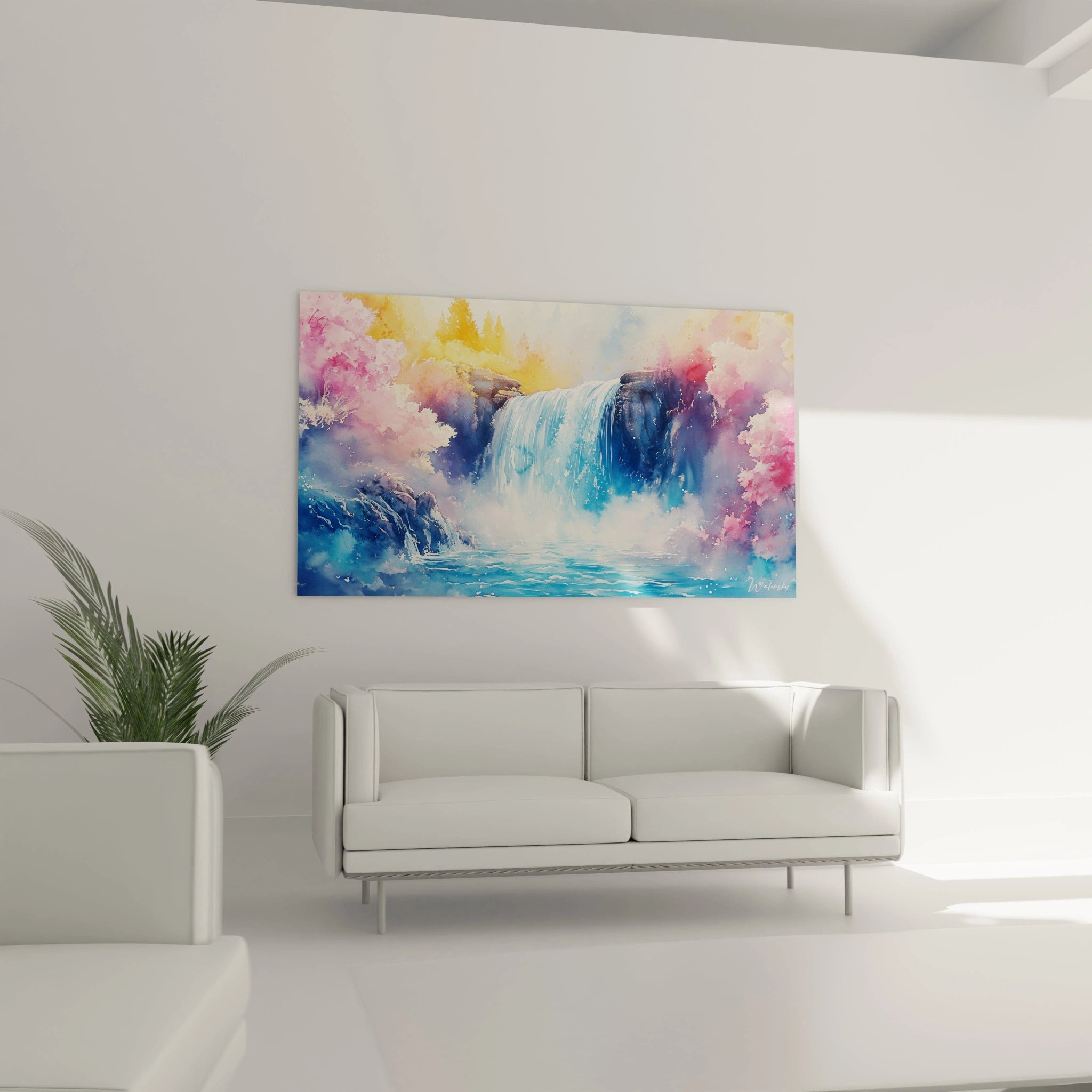 Un tableau cascade capturant un paysage féerique avec une puissante chute d'eau turquoise au centre. Des arbres roses et jaunes l'entourent dans un style vaporeux, avec des textures d'aquarelle créant des transitions douces entre l'eau, les rochers et la végétation environnante.