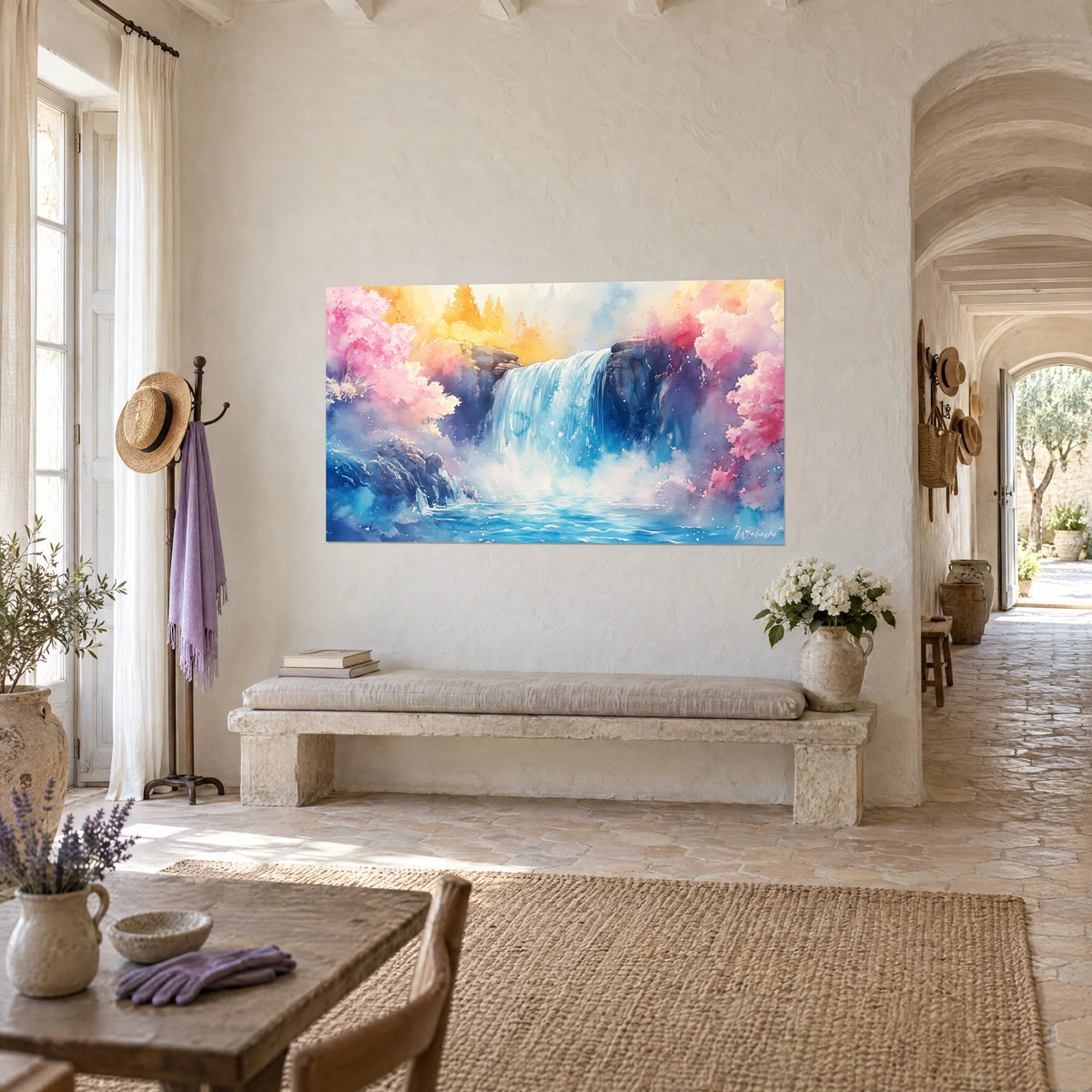 Wall art milky cascade pouring from an indigo cliff, blue mist and fuchsia trees, beige wall, at the end of a vaulted gallery