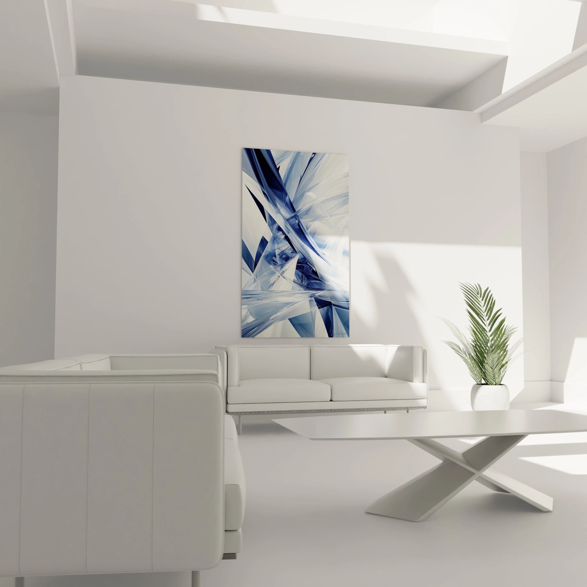 Tableau géométrique abstrait bleu de Walensky dans un salon contemporain minimaliste