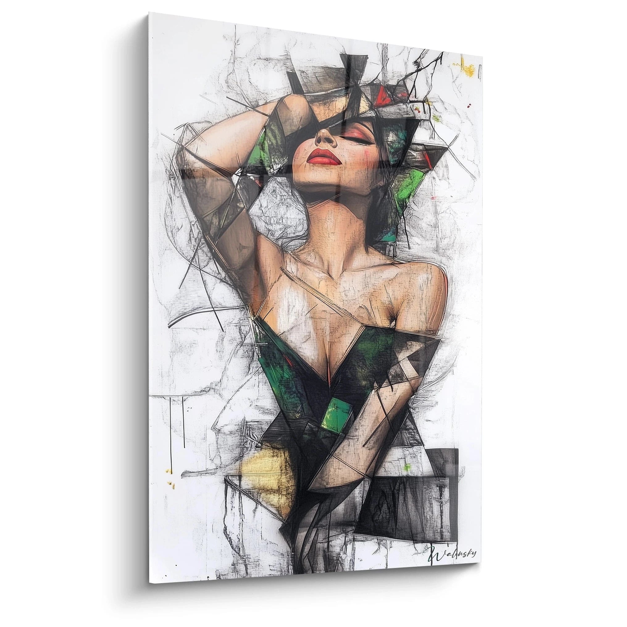 Un tableau sensuelle abstrait montrant un visage féminin entouré de formes géométriques, avec des teintes rouges, vertes et noires sur un fond clair et des lignes texturées.