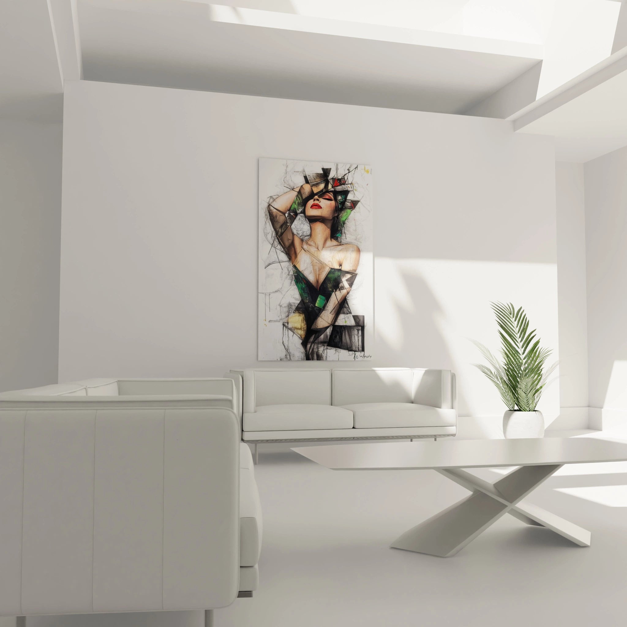 Un tableau artistique abstrait représentant un buste féminin avec des lèvres rouges, des lignes noires dynamiques et des touches de vert et beige sur un fond clair et texturé.