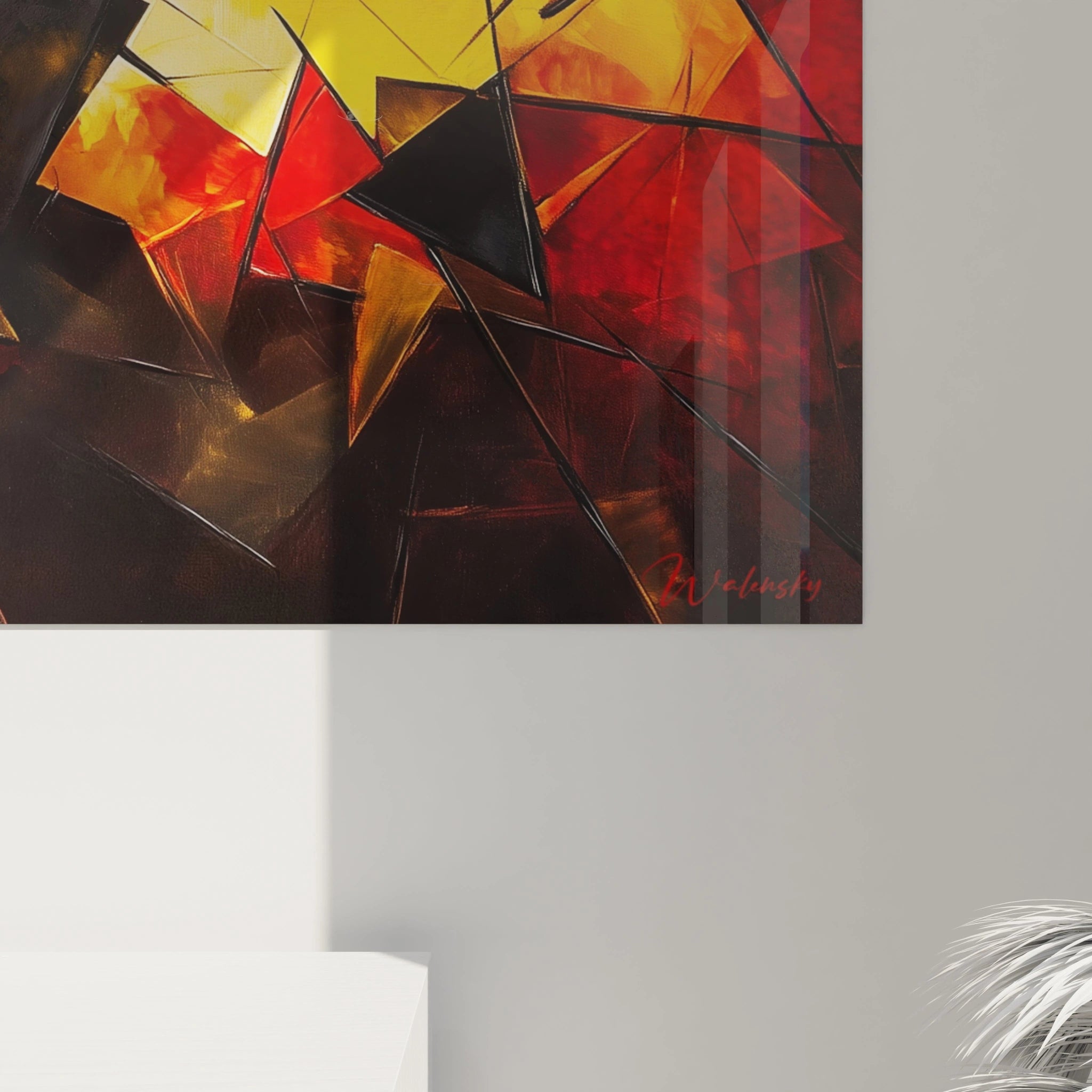 Tableau géométrique abstrait Walensky avec des couleurs vives en rouge, jaune et noir