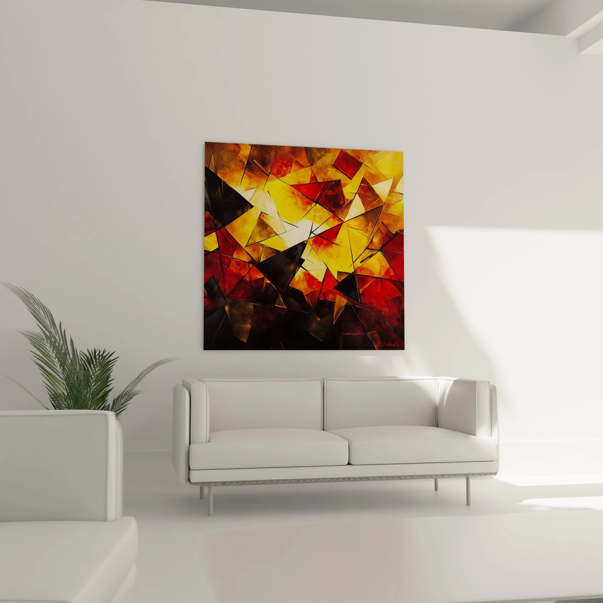 Tableau géométrique abstrait de Walensky avec des formes rouges et jaunes pour un décor moderne