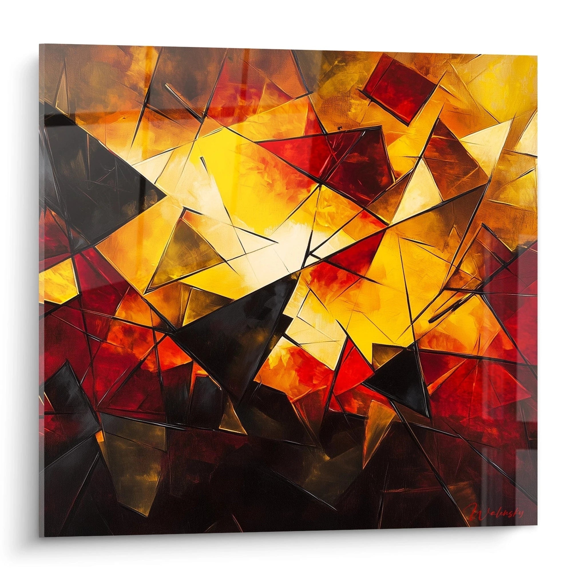Tableau géométrique abstrait de Walensky avec des formes triangulaires en rouge, noir et jaune