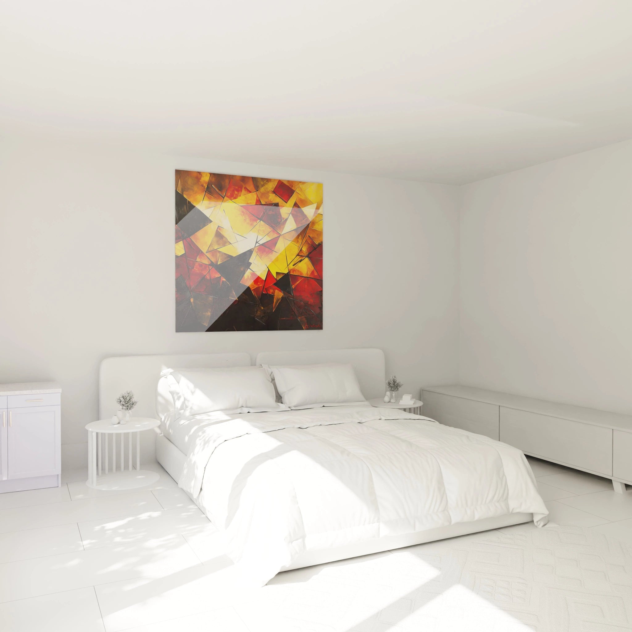 Tableau géométrique abstrait de Walensky avec des teintes rouges et jaunes, parfait pour la décoration intérieure
