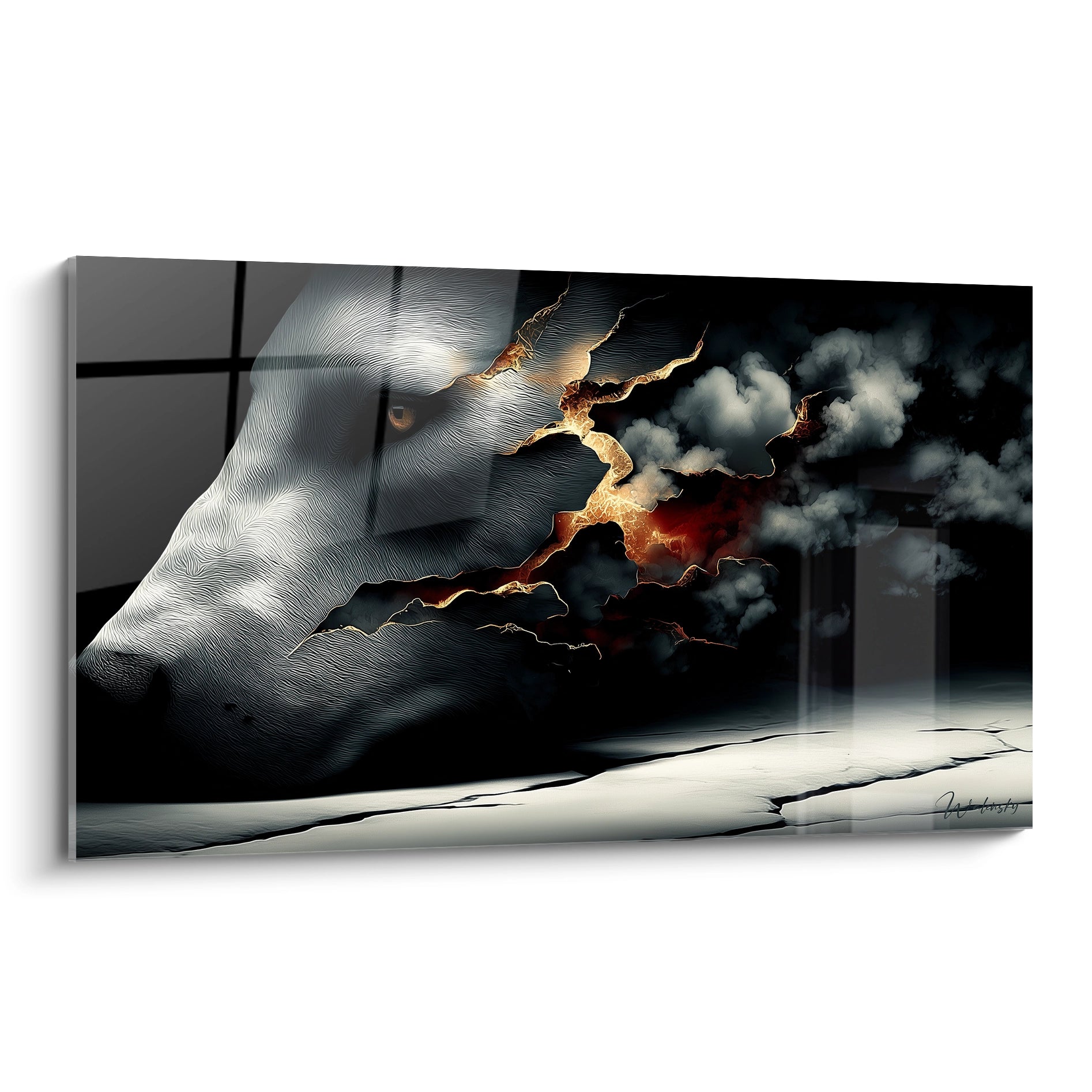 Tableau mural profil Andrewsarchus fragmenté avec fissure dorée et nuages, art contemporain moderne