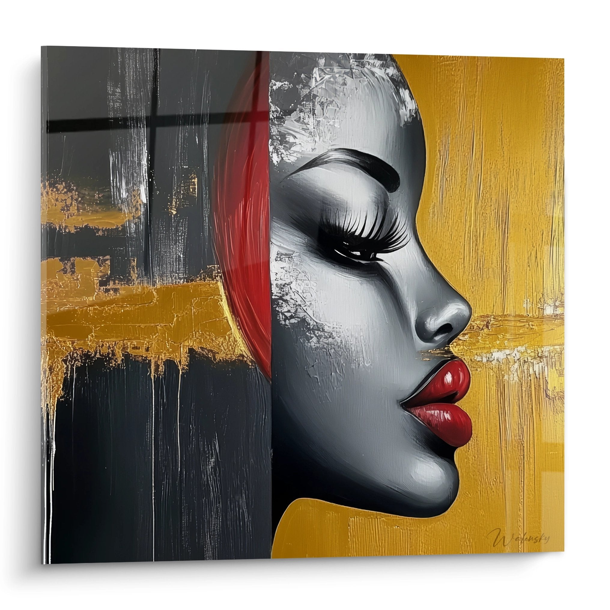 Tableau profil féminin abstrait moderne aux couleurs vives jaune rouge sur fond géométrique