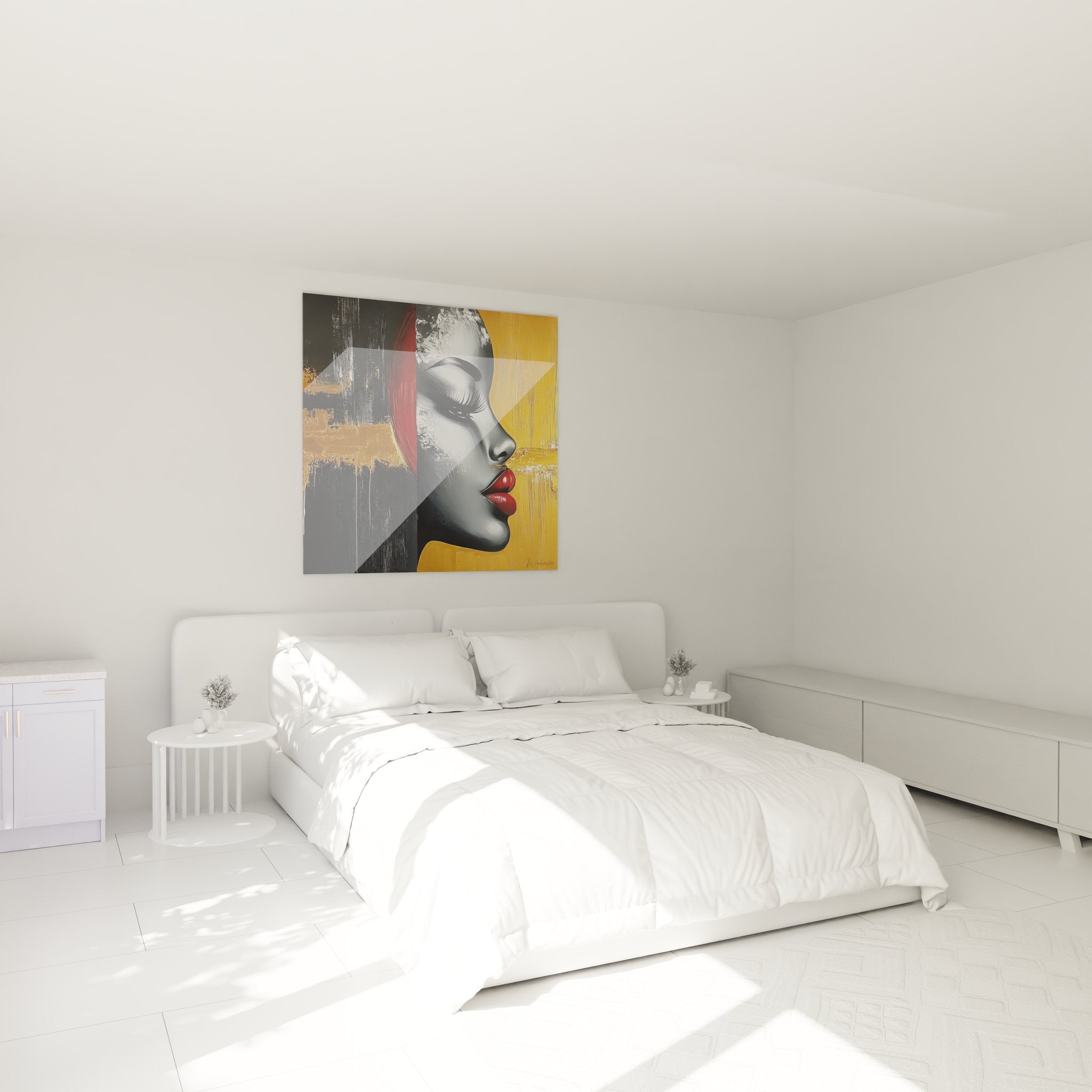 Tableau mural profil femme abstrait dans ambiance chambre décoration contemporaine