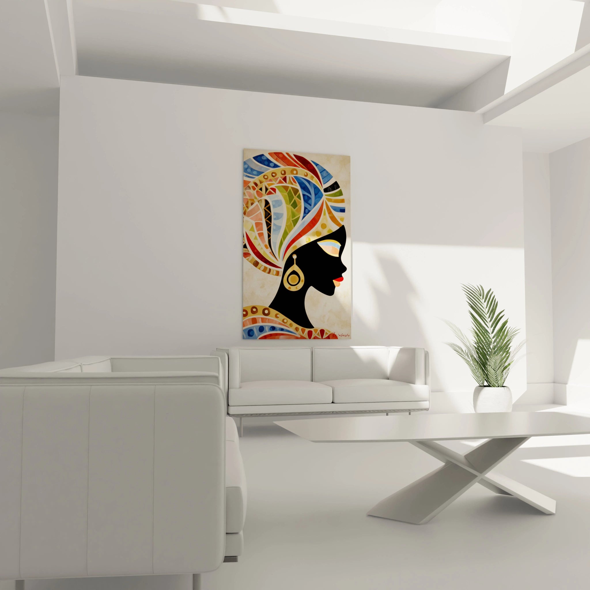 Tableau mural femme africaine tribale de Walensky en couleurs vibrantes pour décoration intérieure.