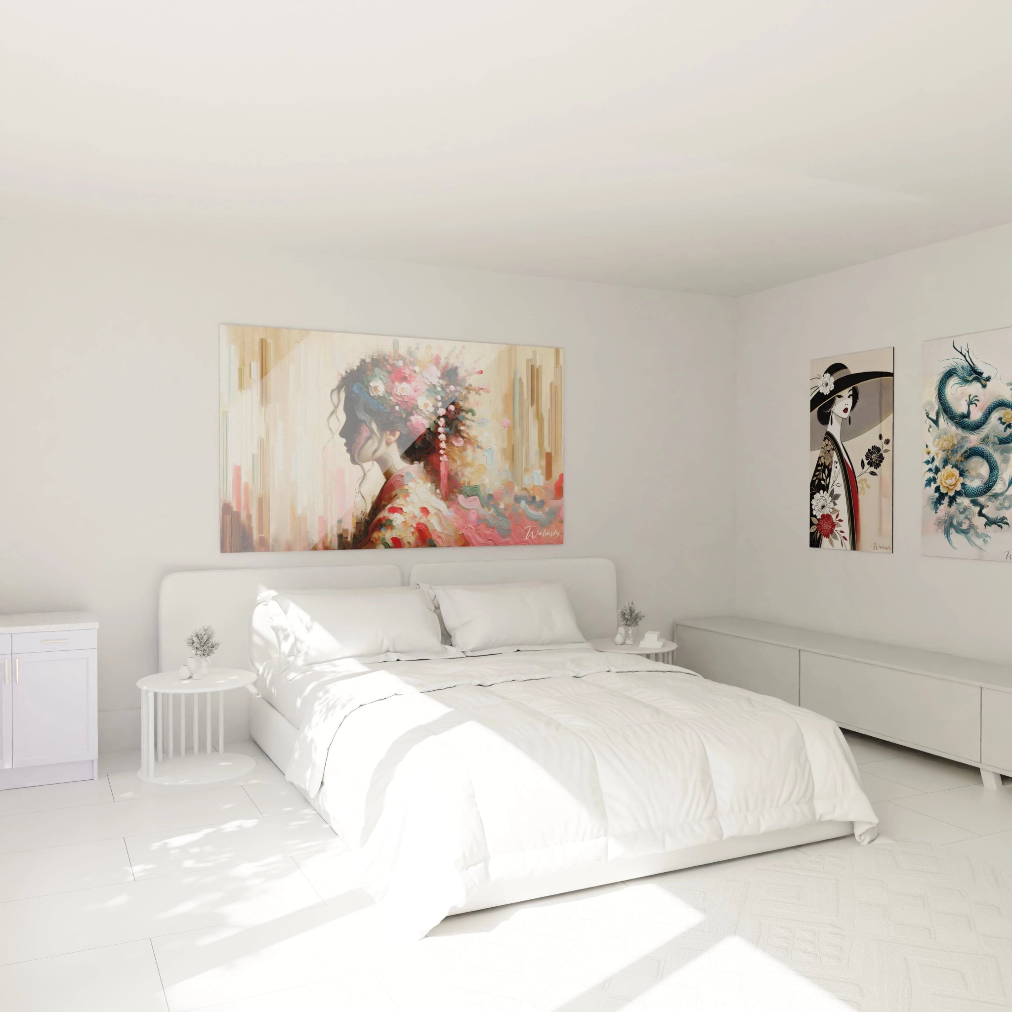 "Chambre élégante avec tableau en verre acrylique Japon / Asiatique au-dessus du lit, ajoutant une touche de sérénité et de culture orientale. Décoration murale zen pour chambre à coucher."