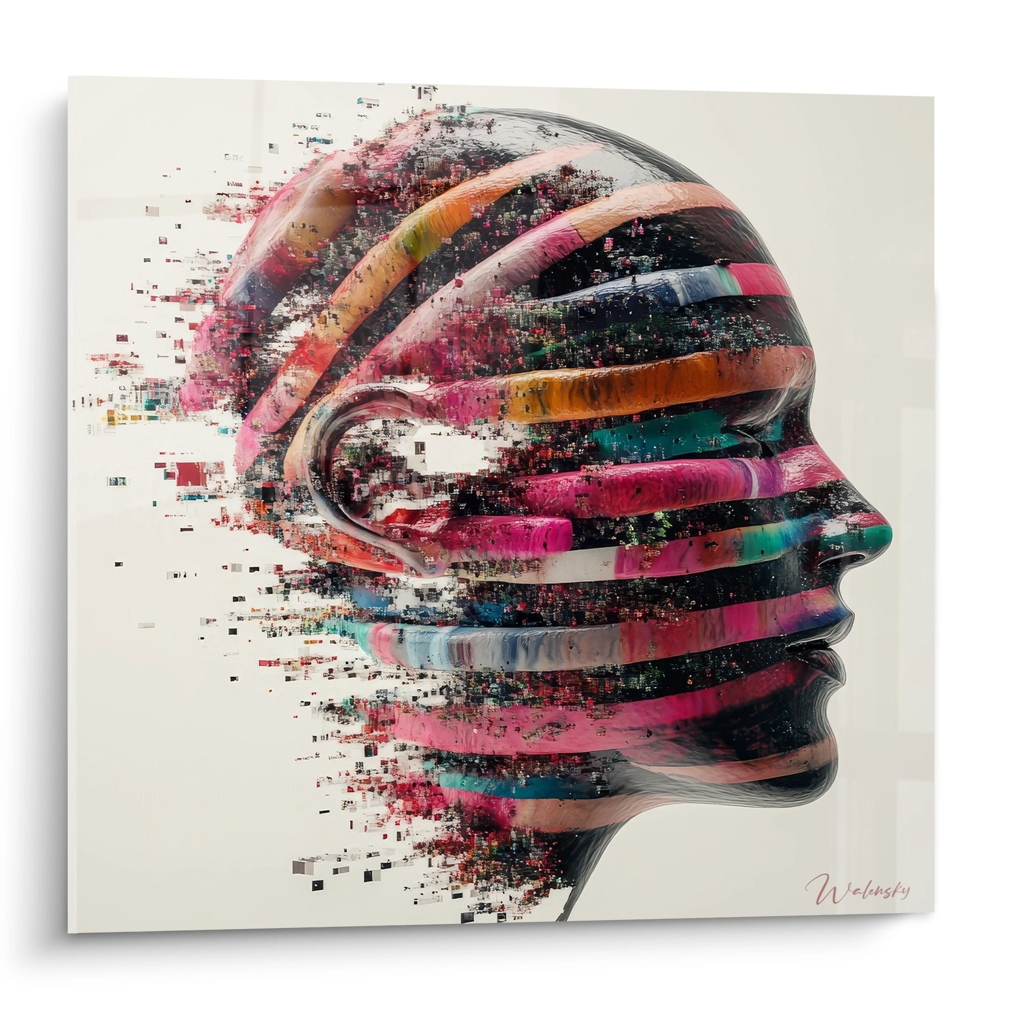 Tableau mural profil humain abstrait avec fragmentation digitale colorée - art contemporain édition adn