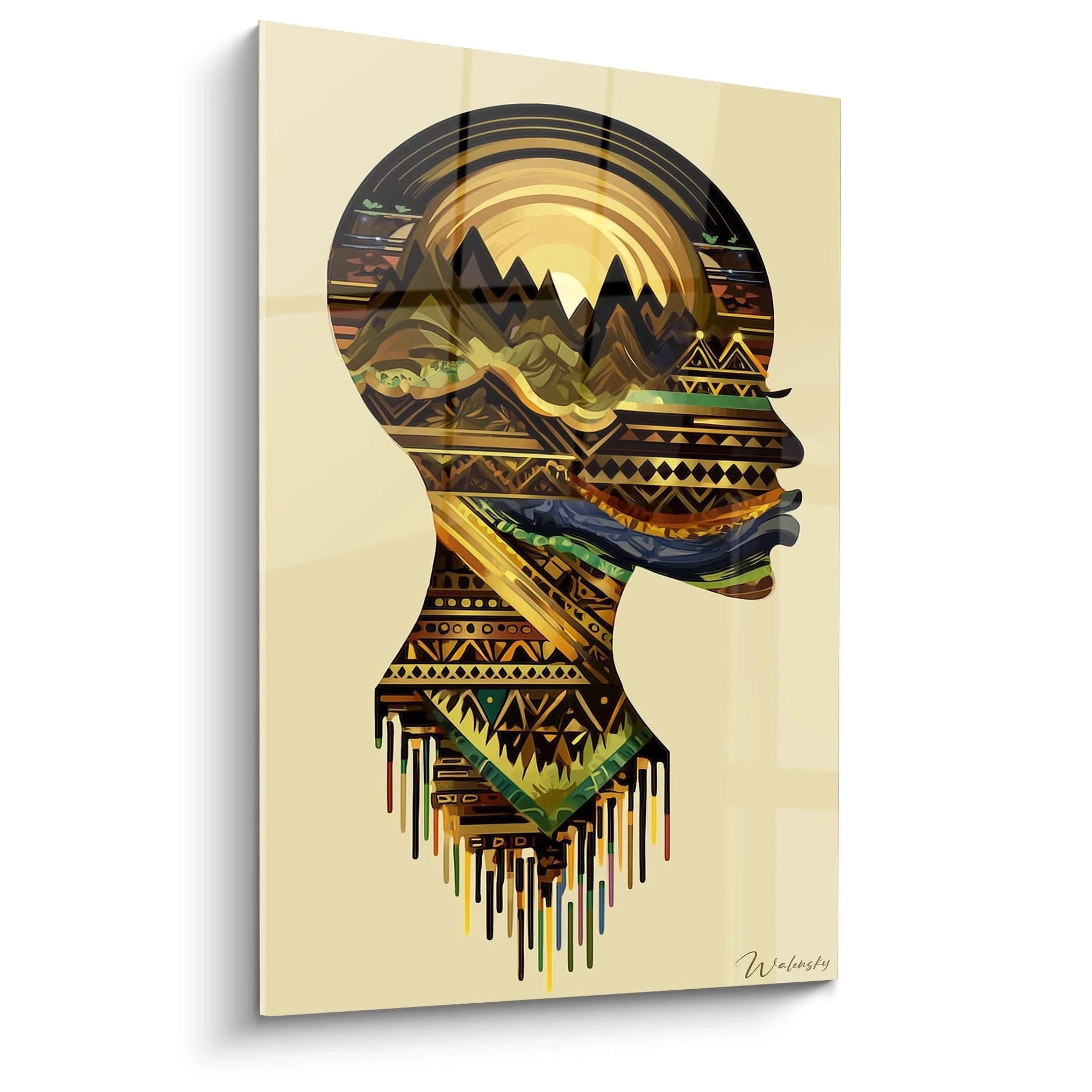 tableau art tribal moderne Walensky silhouette de profil féminin remplie de motifs géométriques et montagnes