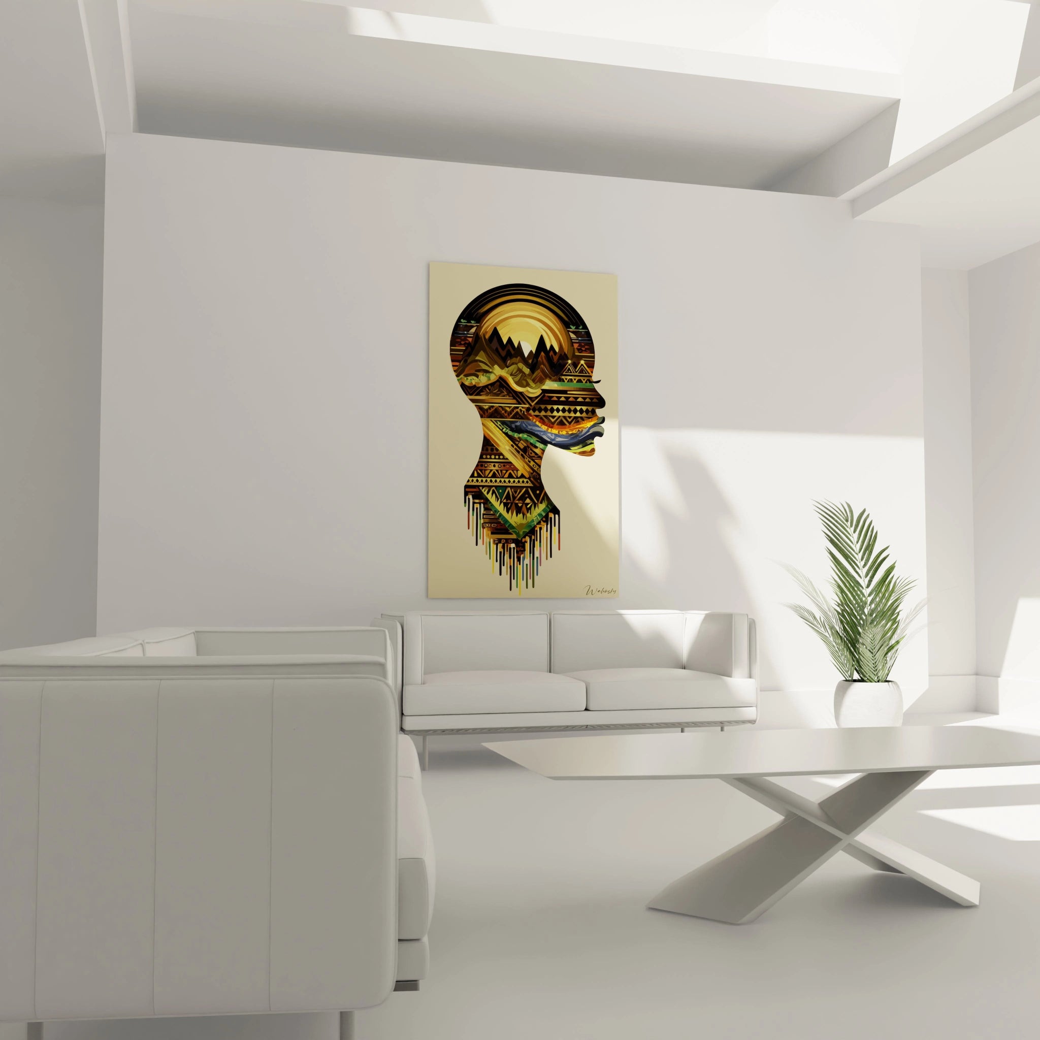 tableau art tribal moderne Walensky silhouette féminine motifs ethniques dorés tableau mural pour salon minimaliste