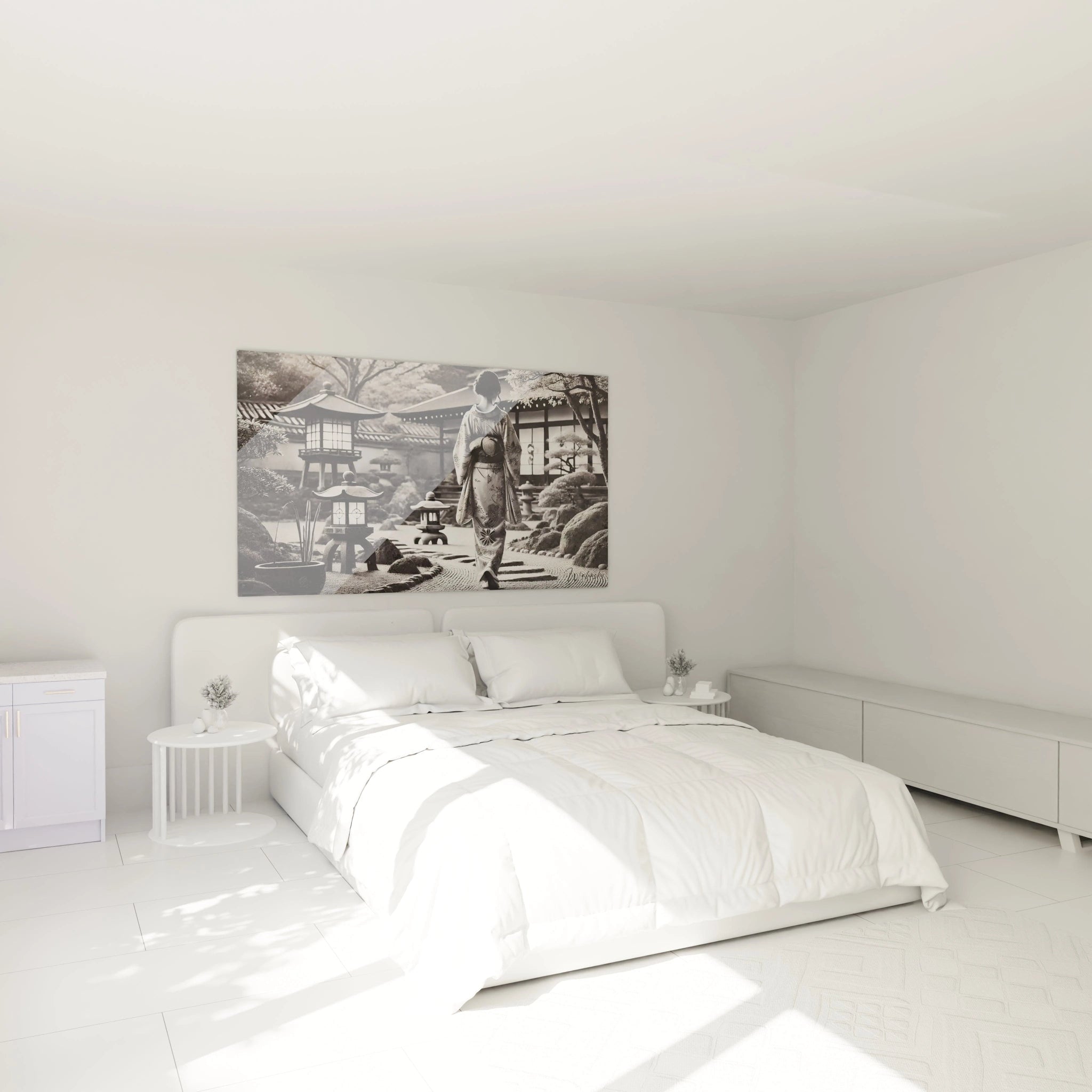 Tableau noir et blanc au mur d'une chambre au-dessus du lit, harmonie parfaite avec des tons neutres, lumière douce évoquant un jardin japonais, sérénité et élégance dans chaque détail.