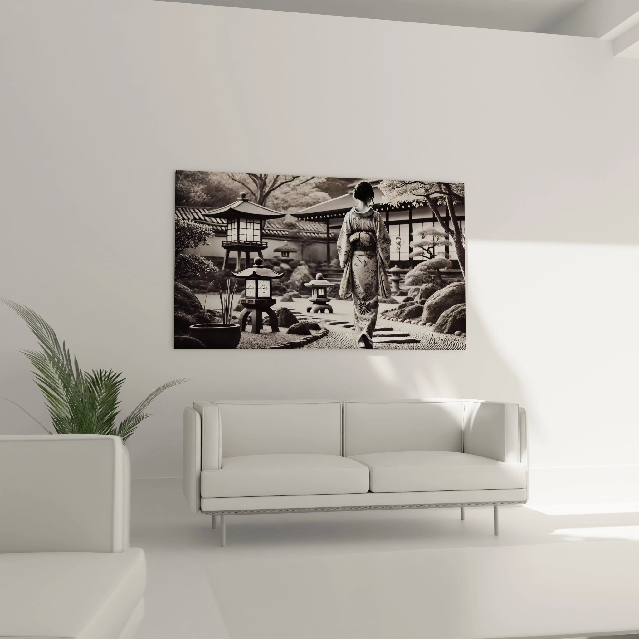 Tableau noir et blanc accroché dans un salon au-dessus du canapé, ambiance zen apaisante, contraste délicat des motifs du kimono et des pavillons japonais, idéal pour un espace sophistiqué.