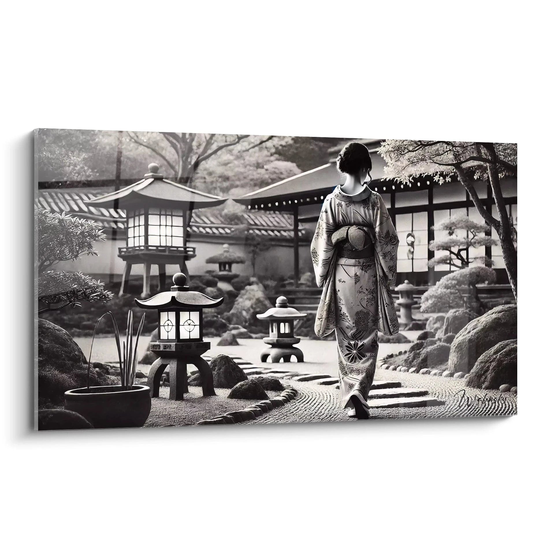 Tableau noir et blanc vu de biais, détails raffinés des jardins japonais, kimono délicat et textures élégantes, contrastes subtils des pavillons et lanternes, une atmosphère zen captivante.