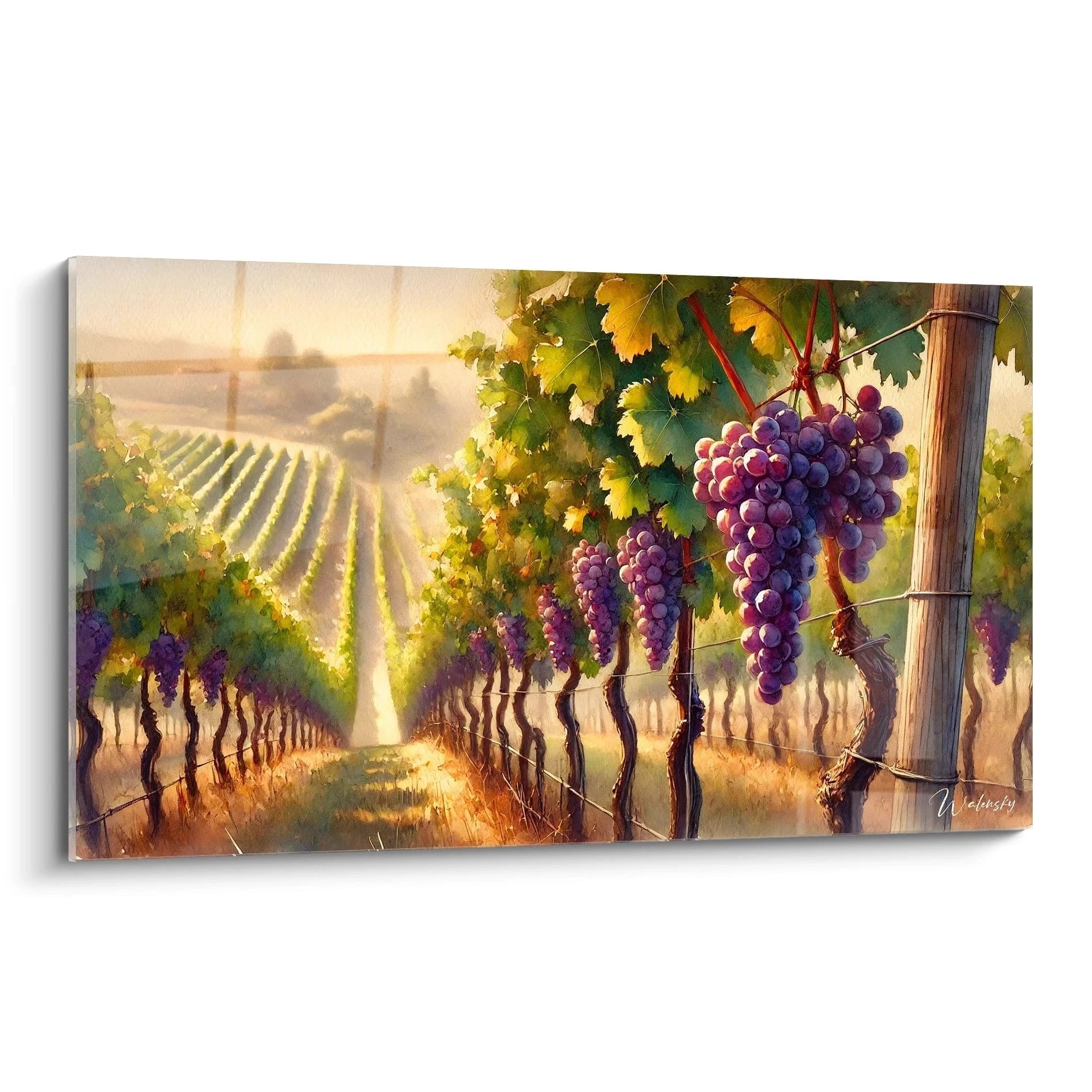 Vue de biais du tableau Campagne vibrant de couleur entre le vert profond des feuilles et le violet des grappes au coucher de soleil Une œuvre evocant la beauté des vignobles au crépuscule