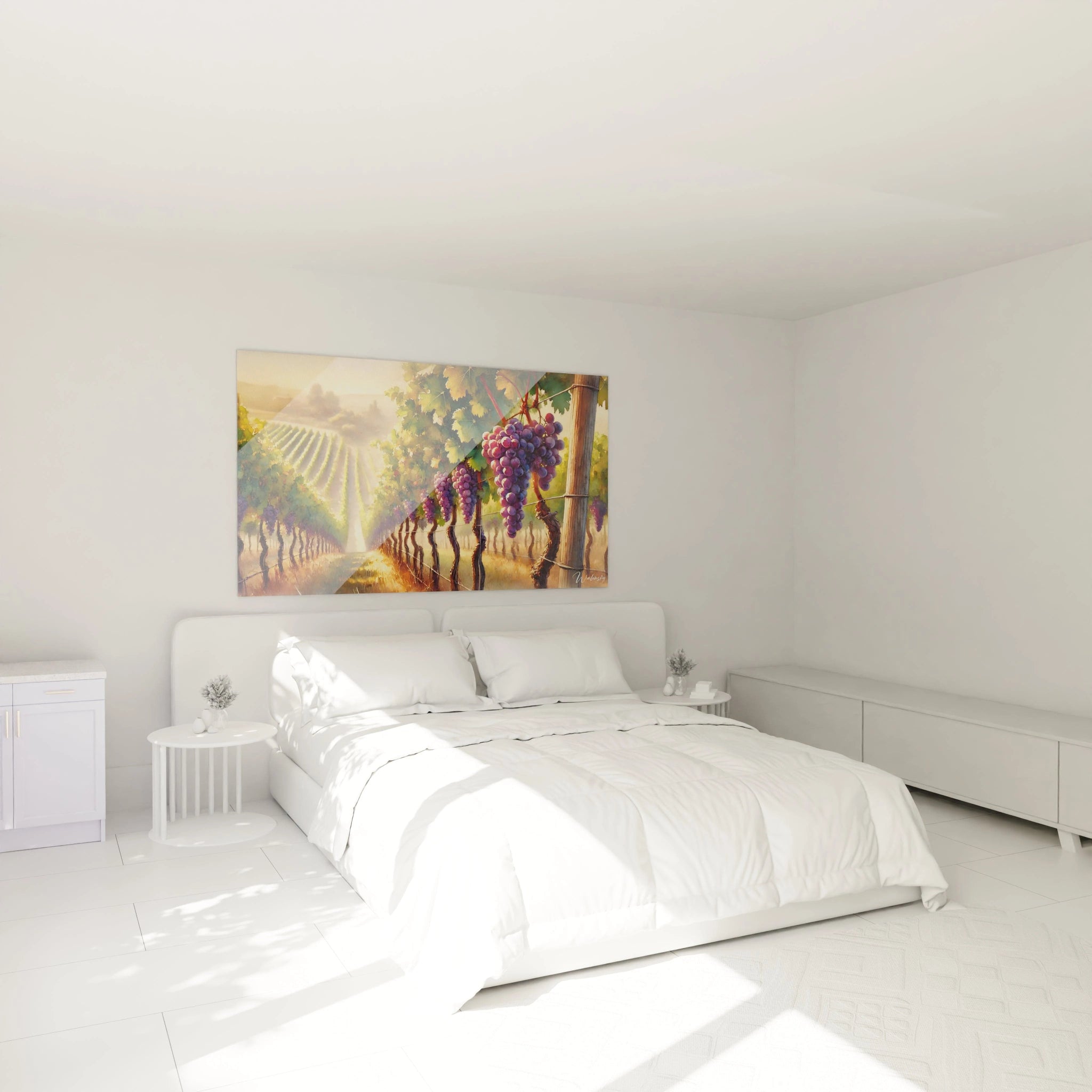 Tableau Campagne accroché au dessus du lit dans une chambre Ce paysage de vignoble invite au calme et à la sérénité avec ses couleurs chaudes et sa profondeur naturelle