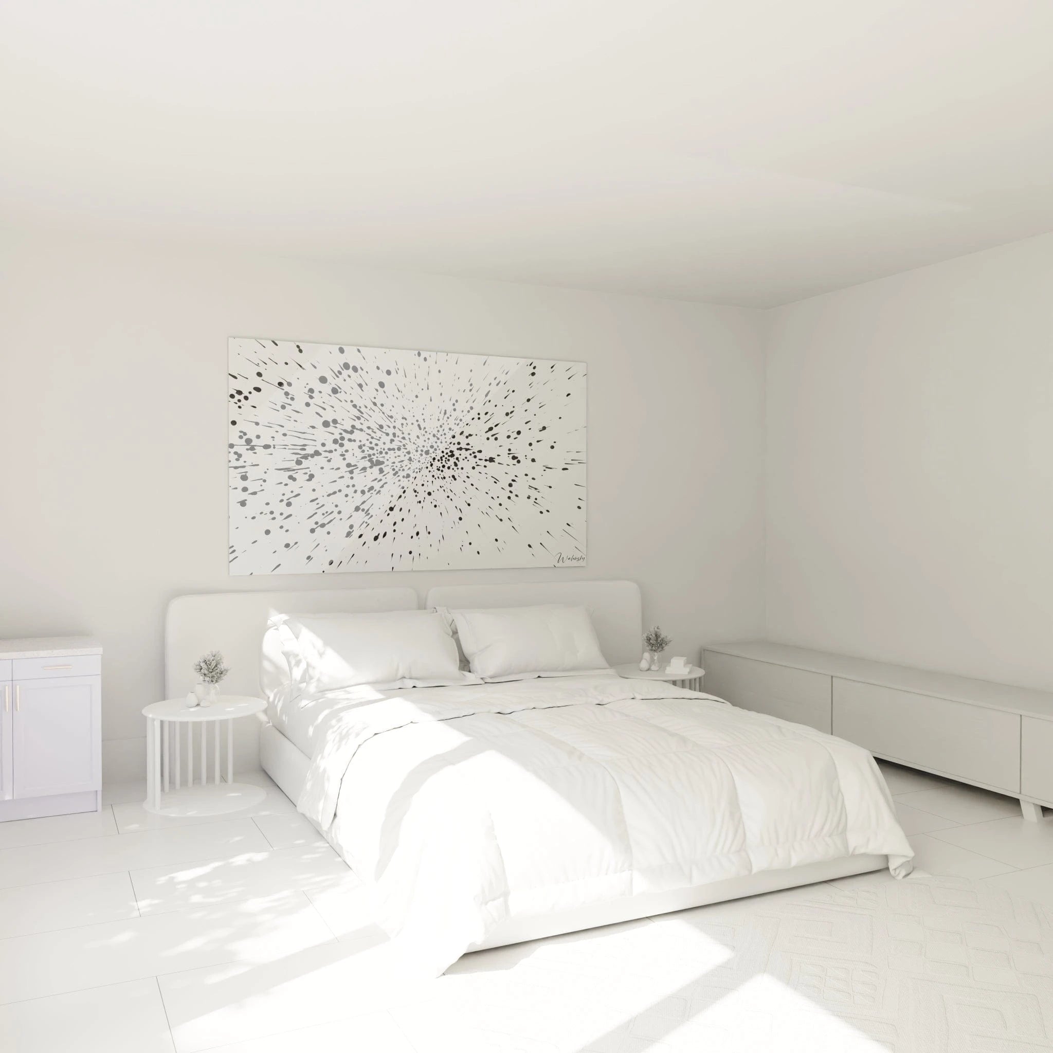 Tableau tacheté noir et blanc de Walensky au-dessus d'un lit dans une chambre moderne