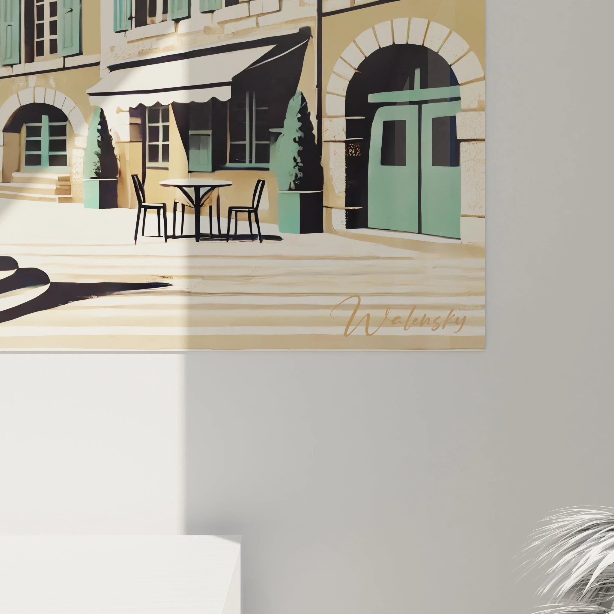 tableau france details subtils des volets verts texture des facades en pierre et ombres des arbres ajoutant profondeur authenticite et un charme vintage aux couleurs beige et bronze