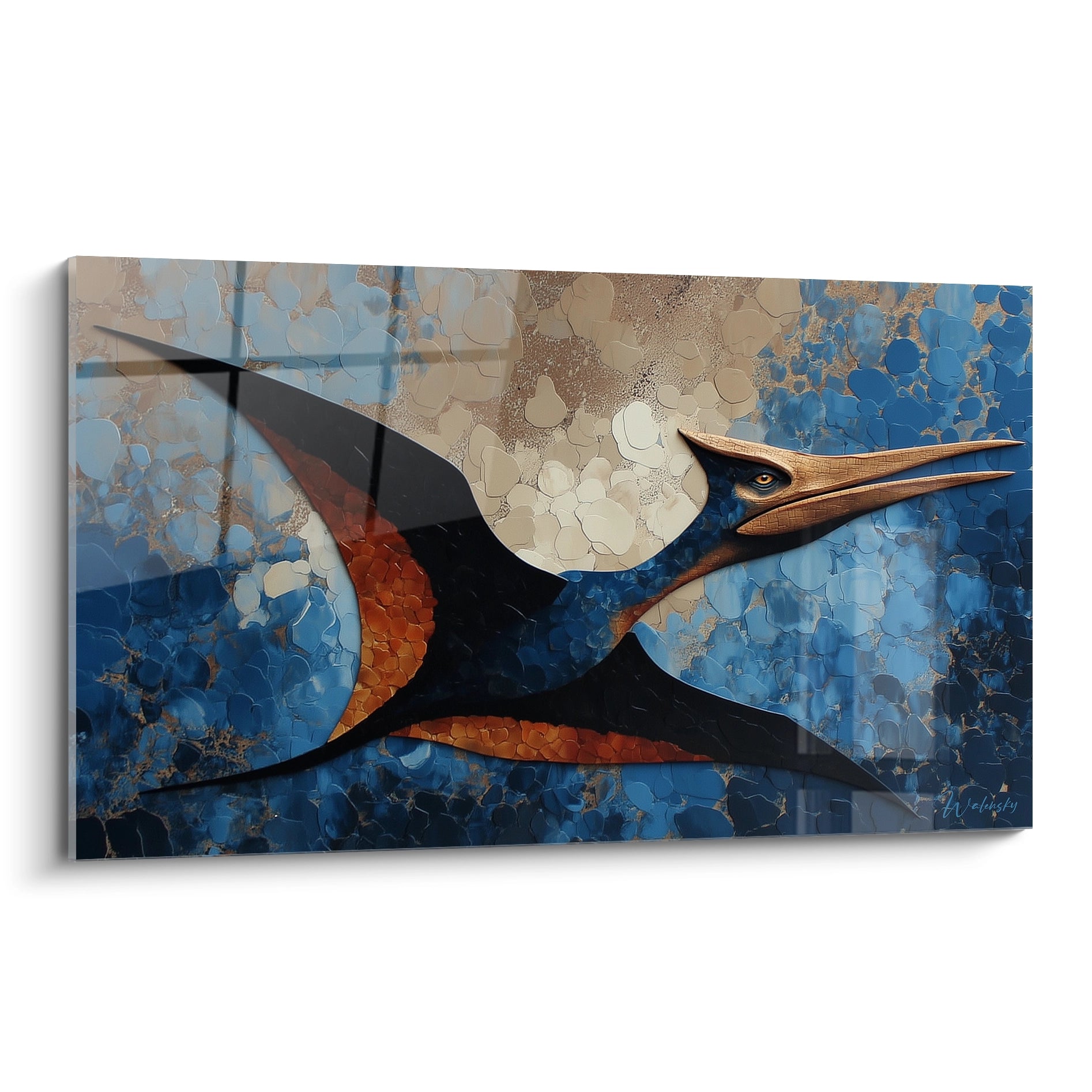 Tableau ptéranodon en vol aux couleurs bleues et dorées, art mural préhistorique moderne