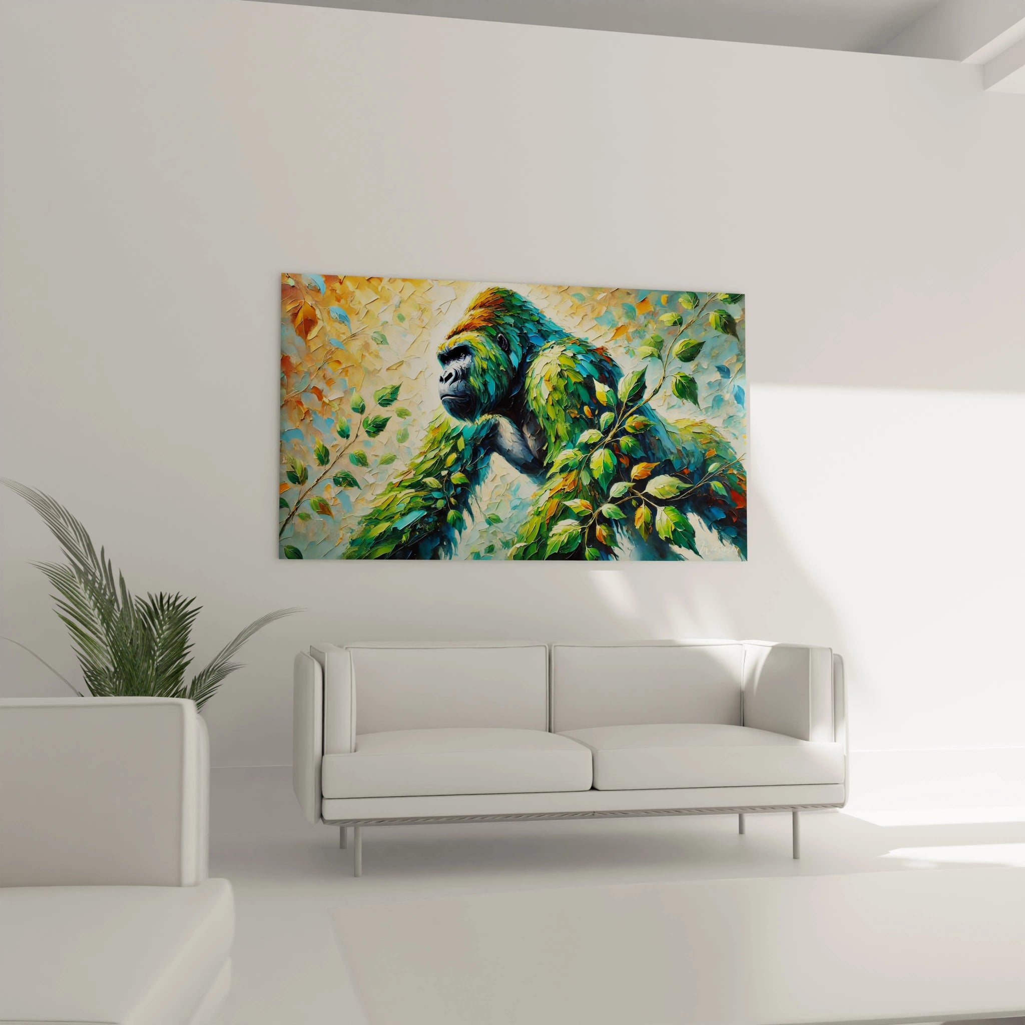 Dans le salon, ce tableau gorille crée un point focal captivant au-dessus du canapé, fusionnant art et nature avec ses teintes éclatantes.