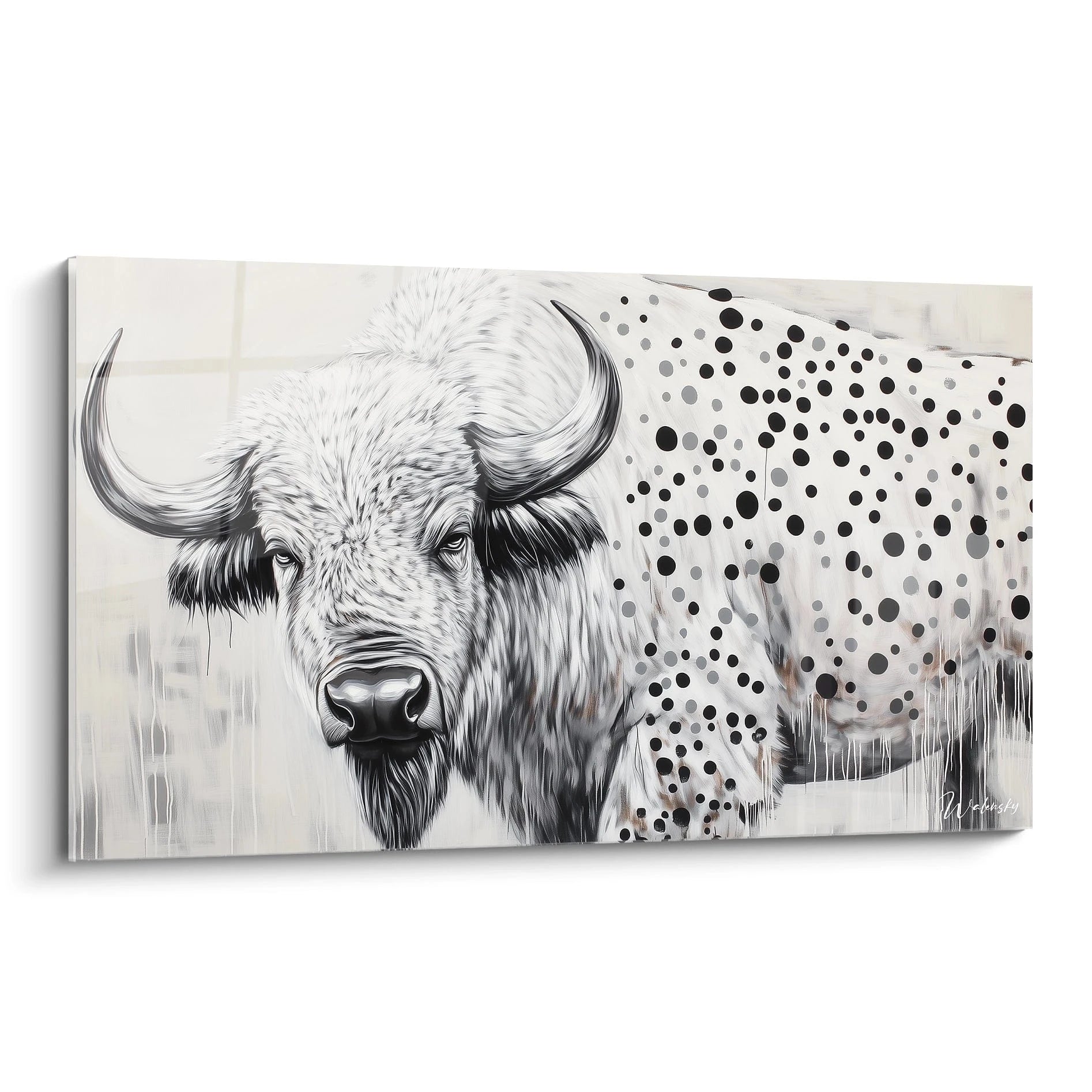 Tableau noir et blanc d'un bison avec des taches sur fond abstrait par Walensky