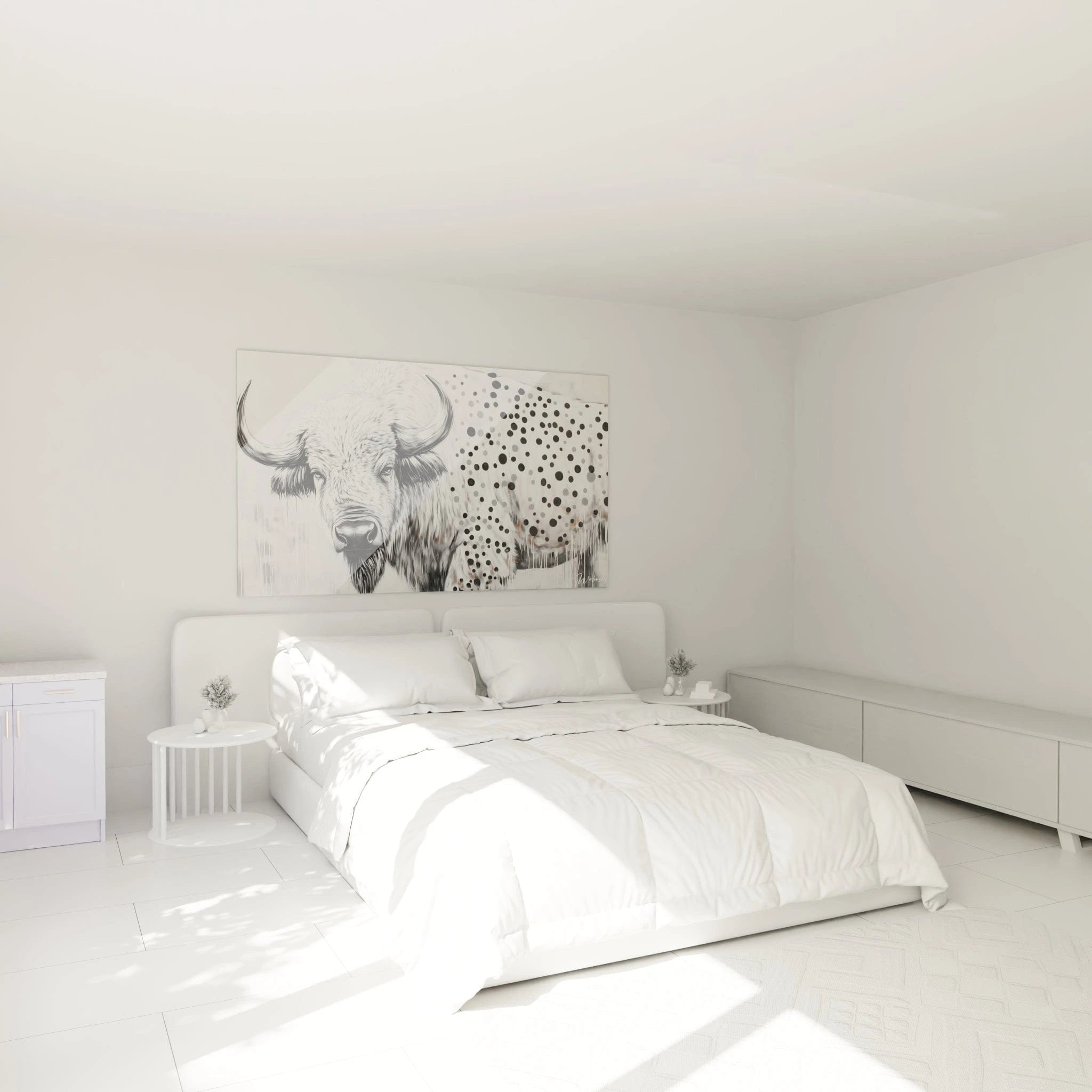 Tableau noir et blanc représentant un bison sur un mur dans une chambre moderne